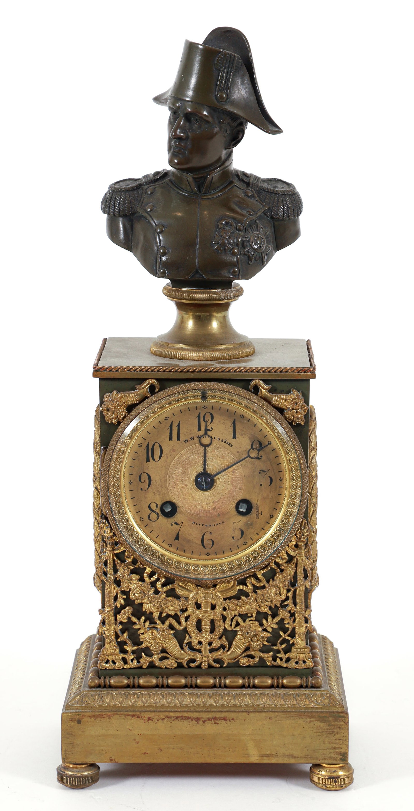 Samuel Marti et Cie Napoleonic Figural Mantel Clock: Samuel Marti et Cie Napoleonic figural ormolu mantel clock, French, 19th century. Surmounted by a bust of Napoleon, 'N' within wreaths at sides, reticulated festoon and cornucopia motif decoration at