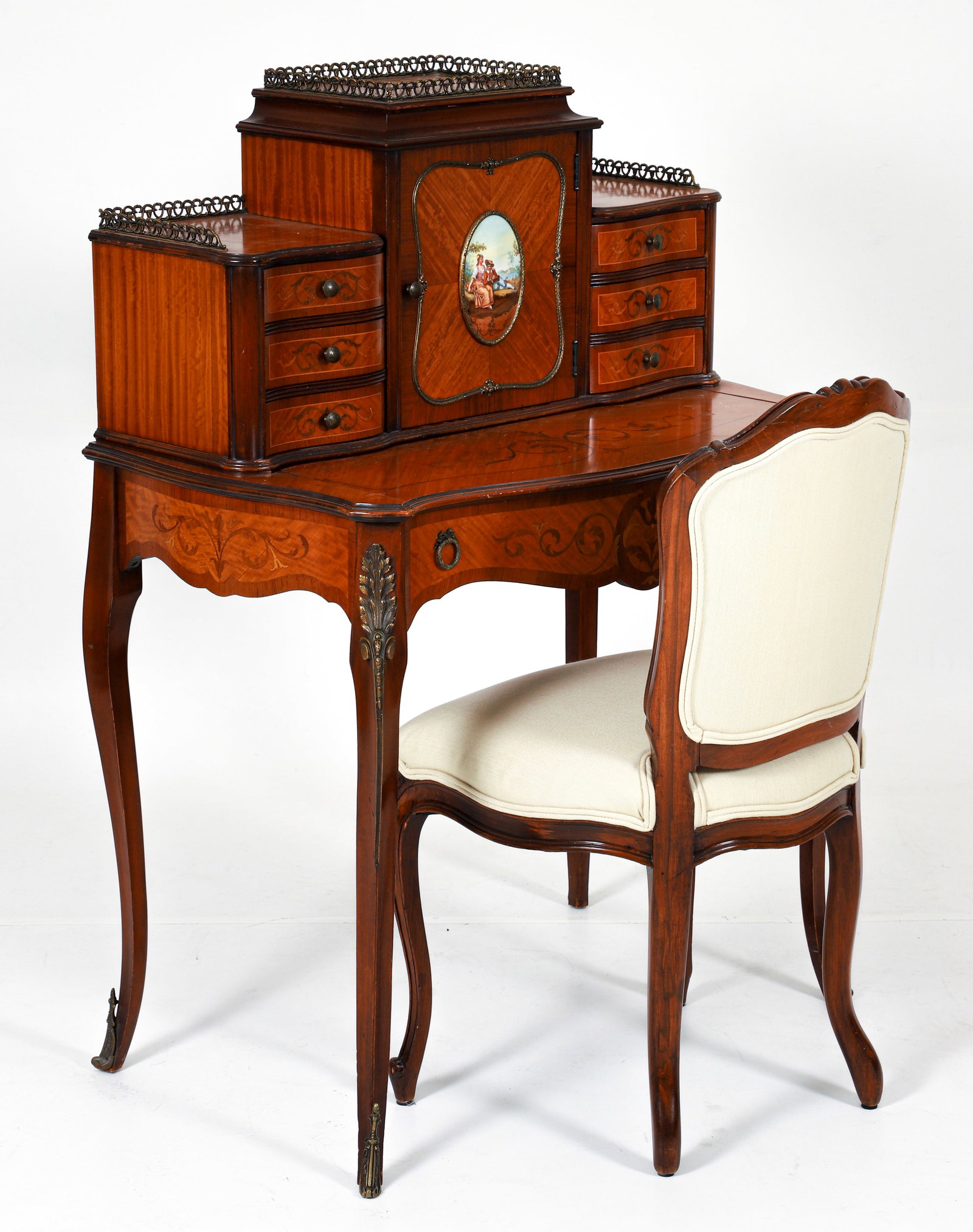 Inlaid Louis XV Style Secretary Desk and Antique Chair: Inlaid Louis XV Style Secretary Desk/Bonheur du Jour, together with an Antique Chair. Desk early to mid 20th century, unmarked by possibly by Leonardo Furniture, New York, NY, 45 x 33 x 19.5 inches, p