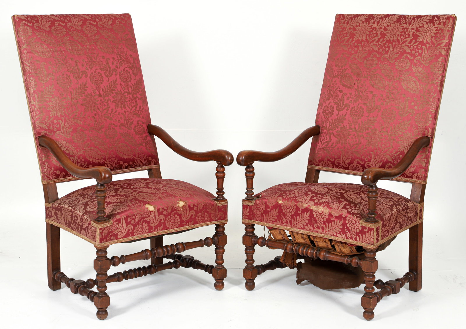 Pair of Early 20th century Henry II Style Fauteuil Armchairs: Pair of Henry II style Fauteuil walnut armchairs, early 20th century. Possibly Cottier and Company. High rectangular backs, slightly canted, curved arms on baluster supports, baluster legs and stretch