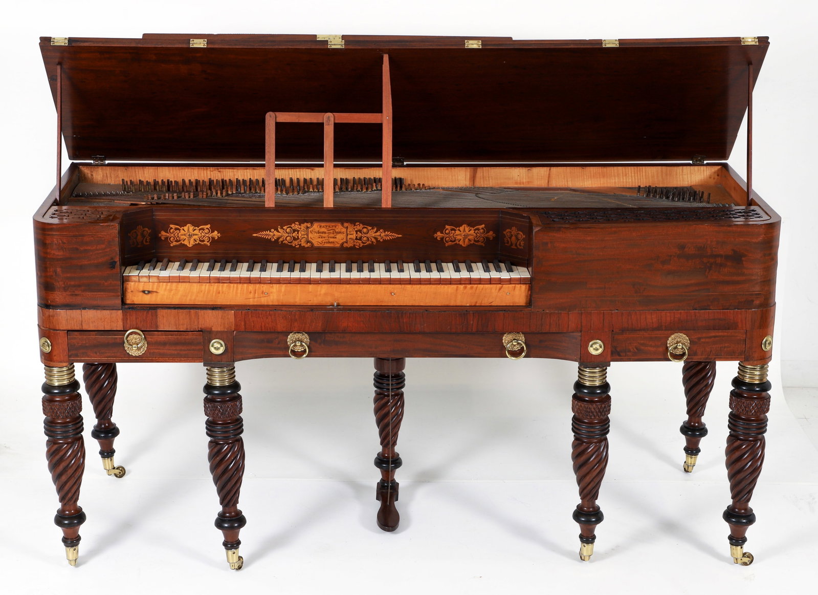 Gibson and Davis Federal Piano-Forte 1825-1835: Gibson and Davis Federal Piano-Forte (Fortepiano), New York from London, circa 1825-1835. Beautifully figured mahogany case with string inlay. Pierced floriform elements at right and left. Resting on 