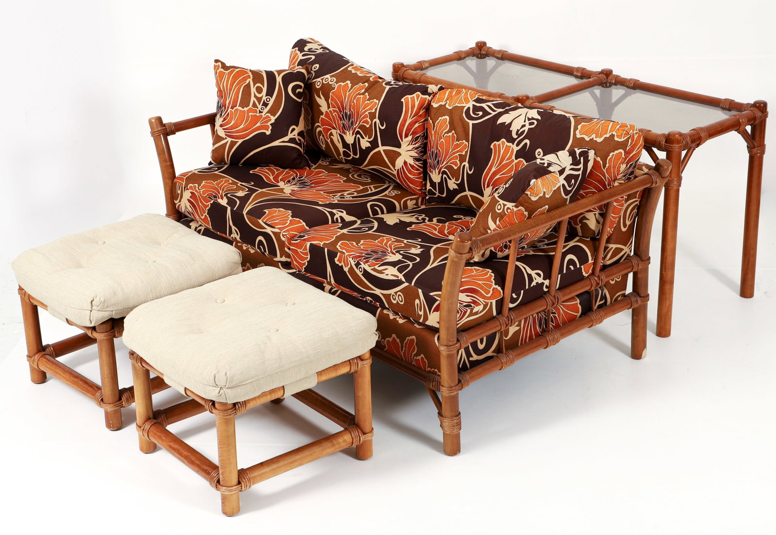 Lane Venture Rattan Sofa Table, 2 Ottomans, and Loveseat (1 of 7)