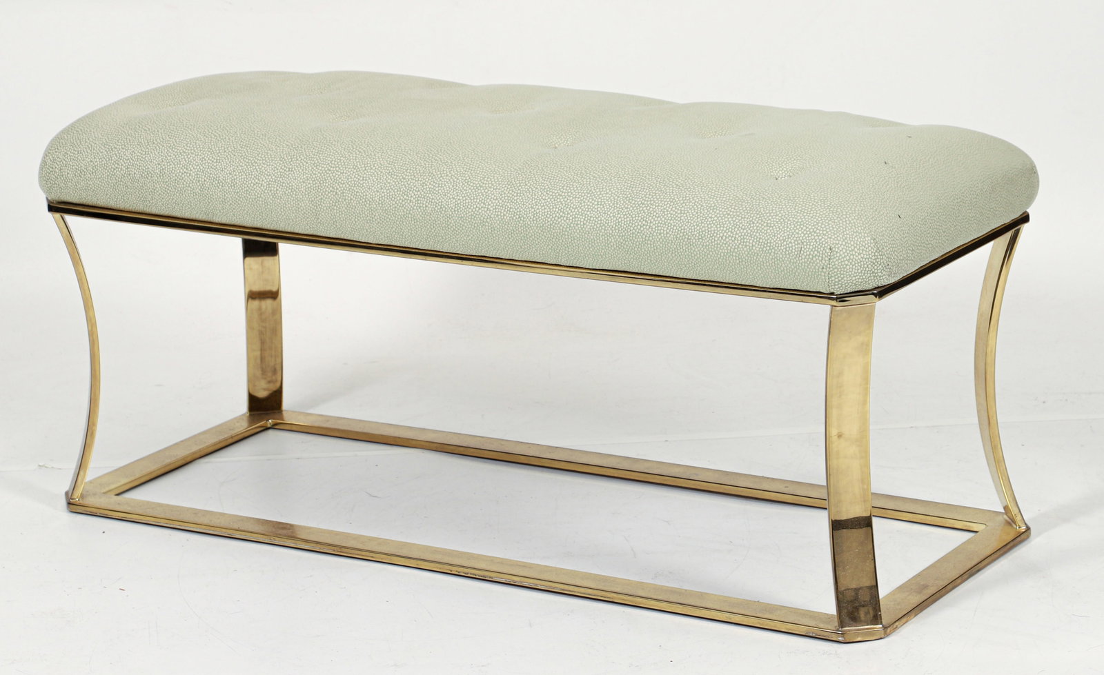 Modern Seafoam Polka Dot Upholstered Bench: Modern bench. Gold tone sculptural metal base with seafoam green and cream polka dot upholstery. 22 x 48 x 18 inches.