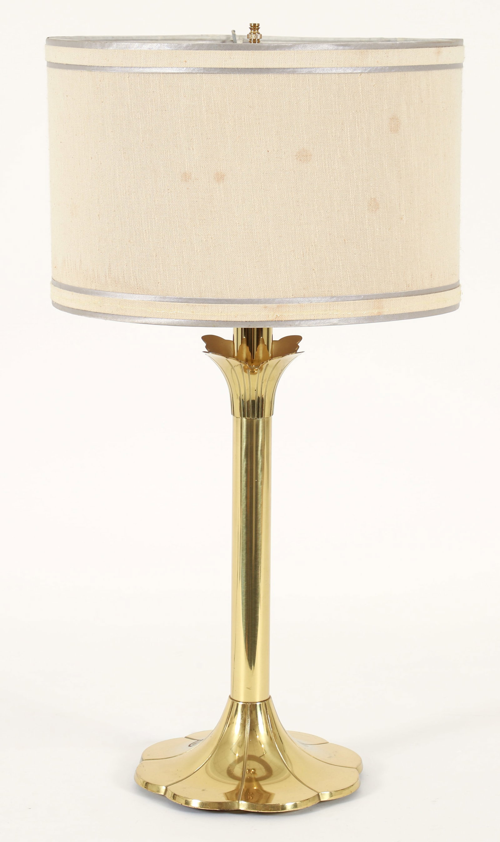 Stiffel 6163 Brass Tulip Lamp: Stiffel model 6163 brass lamp, American, mid to late 20th century. Stylized floriform base. 29 inch height to finial. Labeled at underside. Shade 9.75 x 15 inches.