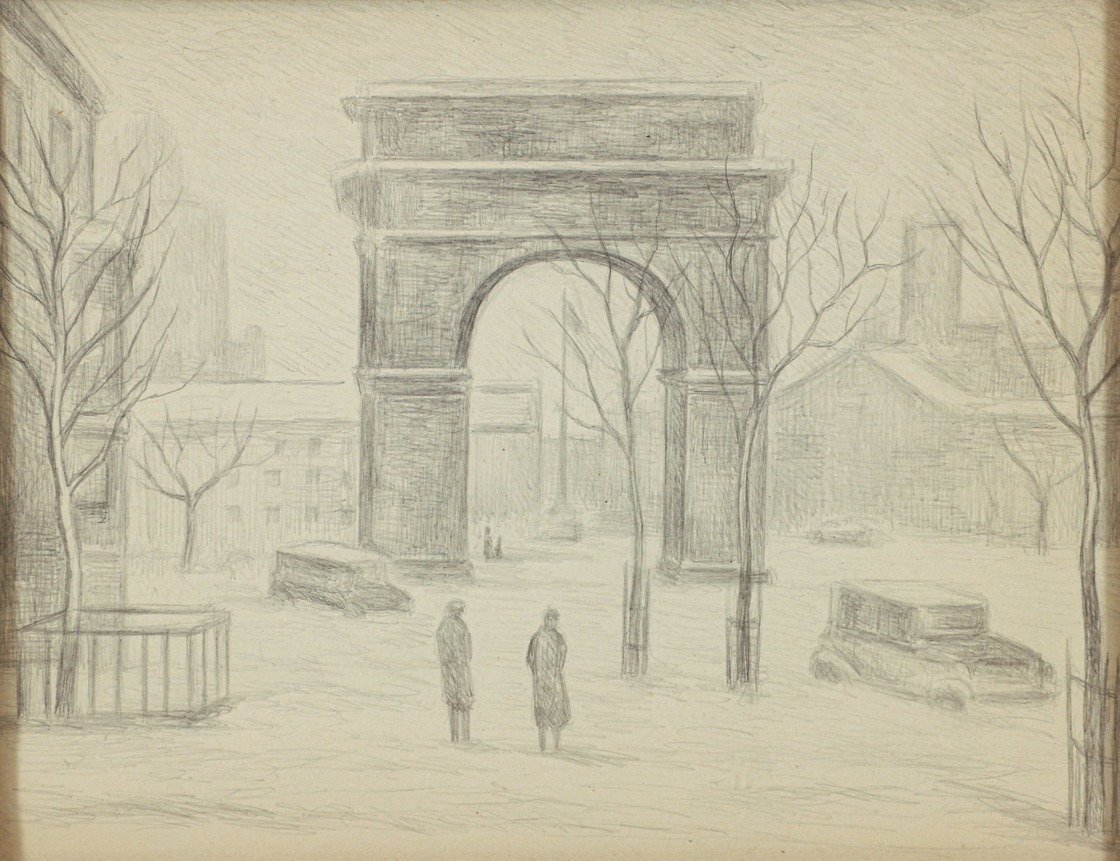 Washington Square Arch in Winter Mid Century Pencil Drawing (1 of 2)