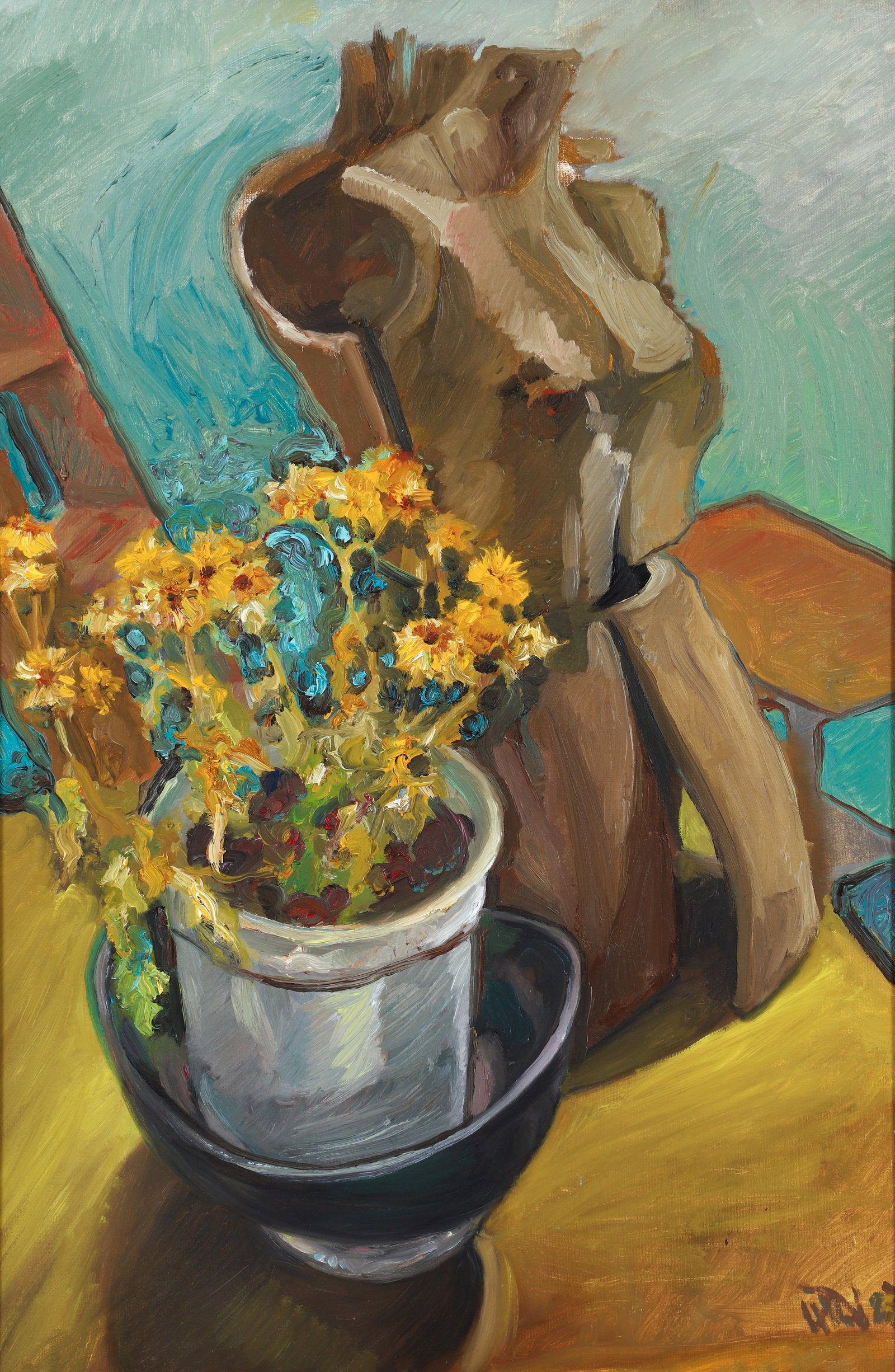 20th Century Still Life Study: 20th century still life study depicting potted flowers and a mannequin torso. Nice use of impasto on the potted flowers. Illegibly signed and dated at the lower right. Canvas 34 x 22.5 inches, in a 35