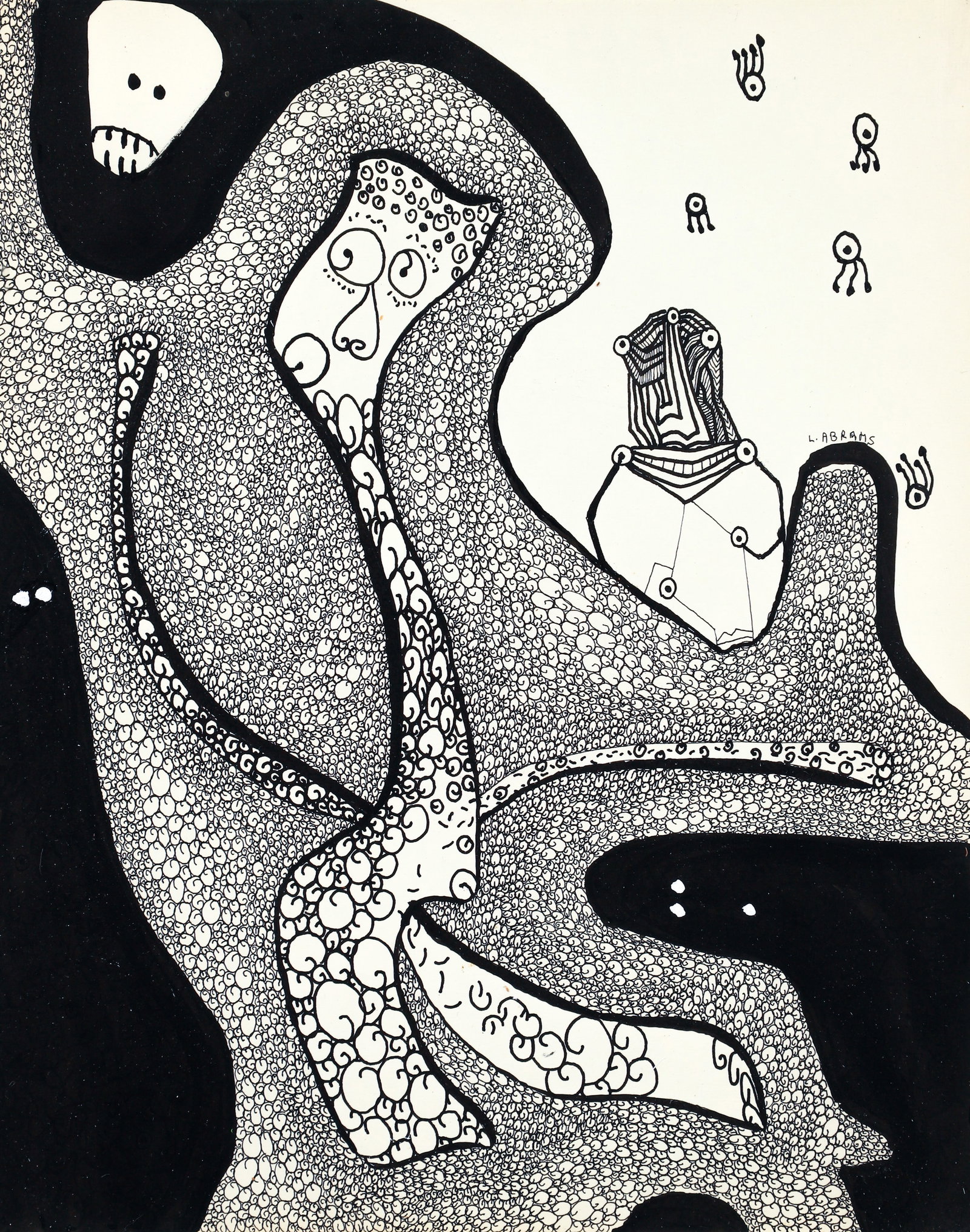Louise Abrams Surrealist Outsider Artist Ink Drawing 1970s (1 of 3)
