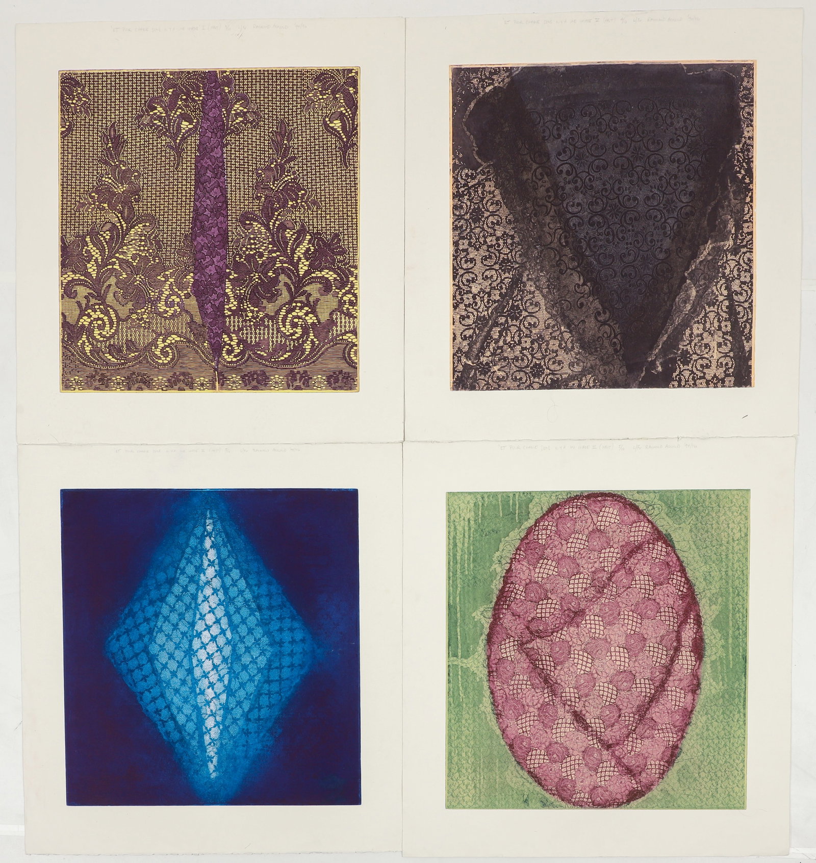 4 Raymond Arnold etching engraving Et Pour Chaque Sens Il Y Une Image: Arnold, Raymond (Australian, born 1950), Et Pour Chaque Sens Il Y Une Image V, II, III, I, (4 prints), 1994-96, etching aquatint and engraving, 27.5 x 27.5 inches, each pencil signed and numbered from