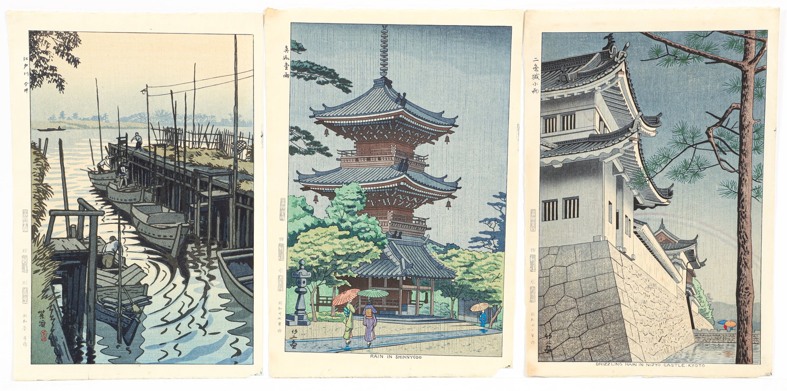 3 Japanese Woodblock Prints Takeji Asano and Shiro Kasamatsu: Asano, Takeji and Shiro Kasamatsu, Lot of 3 prints: Rain in Shinnyodo and Drizzling Rain in Nijyo Castle Kyoto by Asano, and Ferry in Edogawa Imai by Kasamatsu, sheet sizes 16 x 10.75 inches, color wo