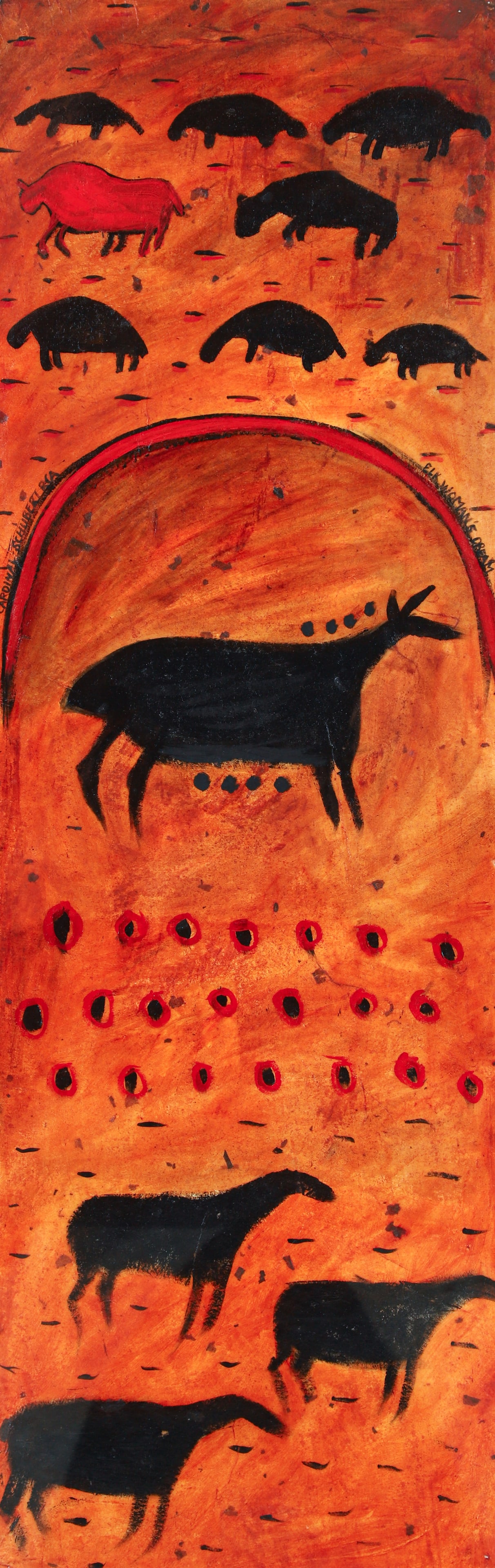 Joane Cardinal-Schubert Oil on Paper Elk Woman's Dream: Cardinal-Schubert, RCA, Joane (Canadian/Alberta, First Nations Artist, 1942-2009), Elk Woman's Dream, late 20th/early 21st century, oil on paper, signed and titled near the center of the piece. Sheet 
