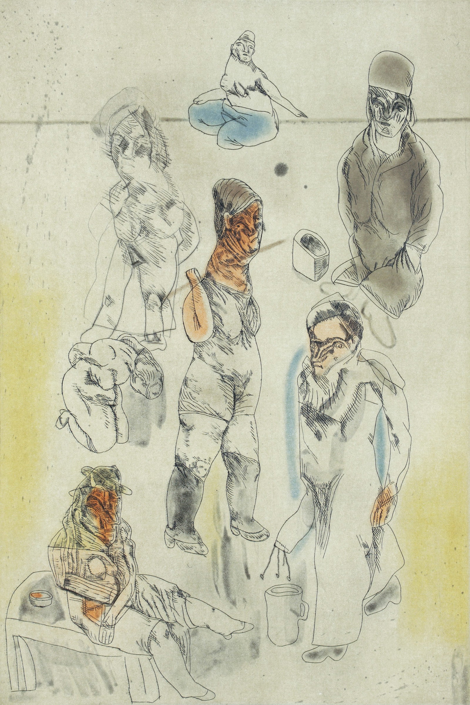 Jose Luis Cuevas Barrio Chino II Signed Etching 1981: Cuevas, Jose Luis (Mexican, 1934-2017), Barrio Chino II, 1981, color etching and aquatint, signed, dated, numbered 77/100 and inscribed Barcelona in pencil in the lower margin, image size 25 x 17 inch