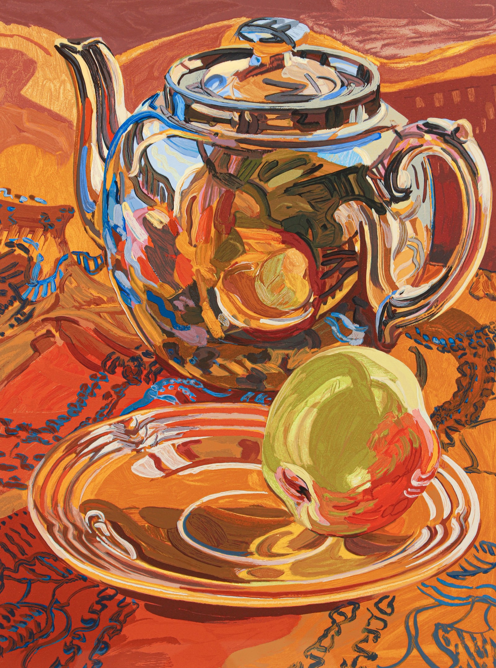 Janet Fish Teapot Signed Screenprint 2007: Fish, Janet, (American, 1928-2025), Teapot, 2007, screenprint, signed, dated, and numbered 5/5 PP in pencil to the lower margin, image size 24 x 18 inches, matted and framed 37 x 28 inches.