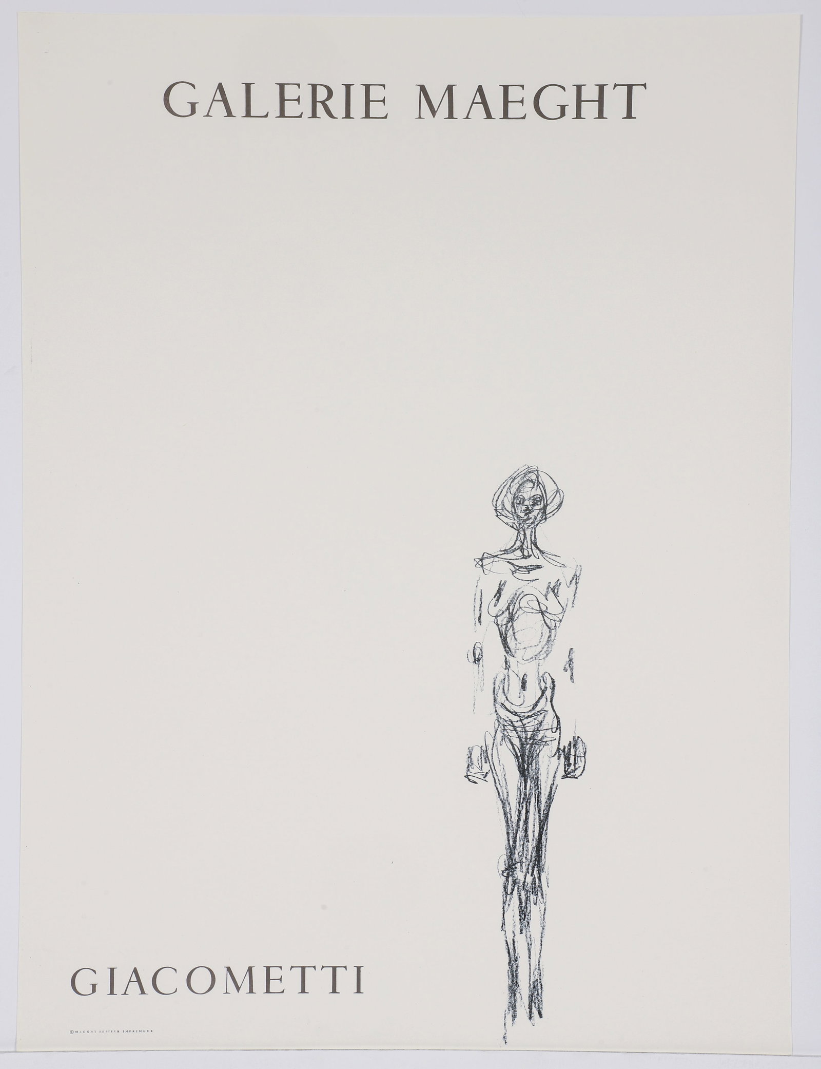 Alberto Giacometti Lithograph 1961 Exhibition Poster: Giacometti, Alberto (Swiss, 1901-1966), exhibition poster for Galerie Maeght, Paris, 1961, lithograph poster printed by Mourlot, sheet size 24.75 x 18.5 inches, unframed.