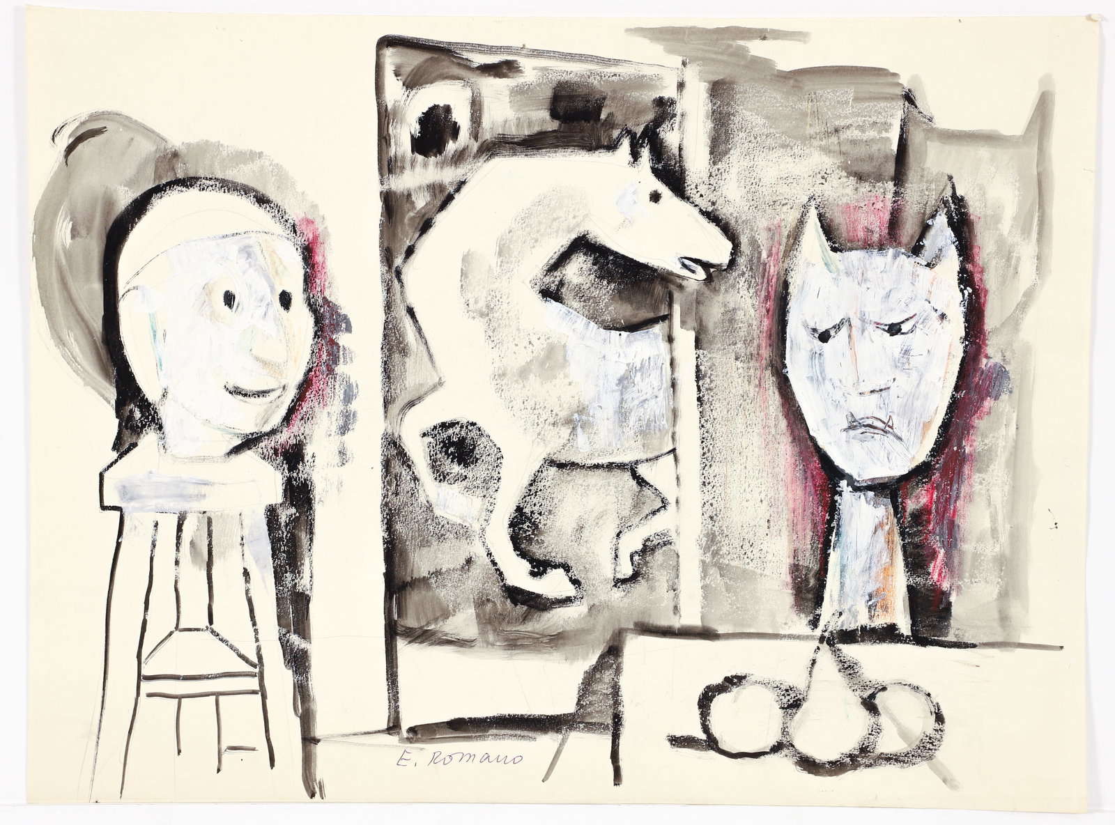 Emanuel Romano Mixed Media Two Figures with Horse On Paper: Glicenstein, Emanuel Romano (Italian/American, 1897-1984), Two Figures with Horse, undated, mixed media with watercolor, gouache, and pencil on paper, signed lower margin, sheet size 8 x 24 inches, un