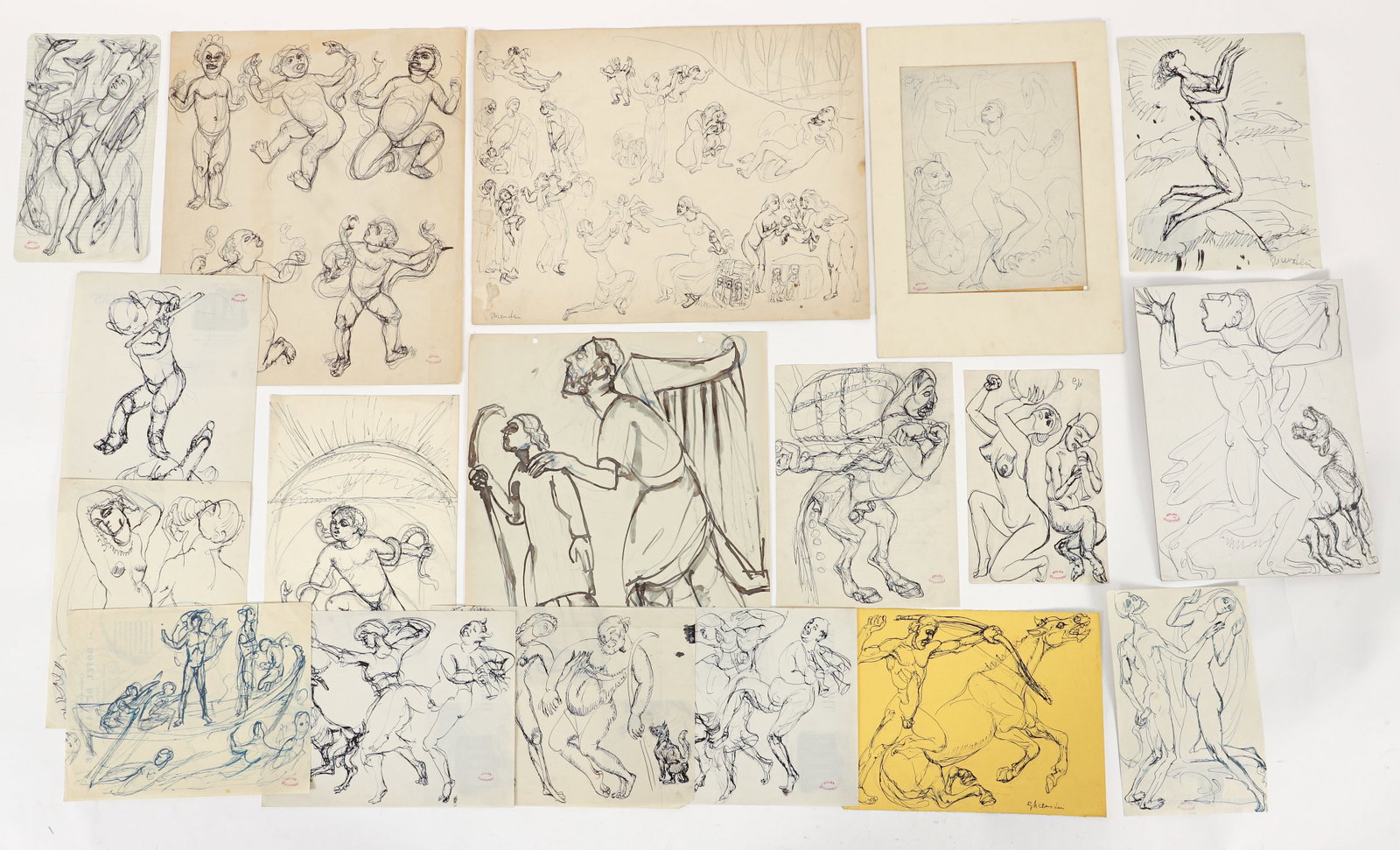 18 pc Enrico Glicenstein Allegorical Drawings: Glicenstein, Enrico (Henryk) (Polish/Jewish/American, 1870-1942), Group of 18 Allegorical Drawings, including The Birth of Venus, Hercules, Sea Gods, Orpheus, The Blind Homer, and Bacchus and Maenads,