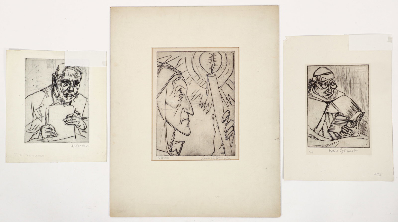 3 pc Enrico Glicenstein Dante and Reading Figures Etchings: Glicenstein, Enrico (Henryk) (Polish/Jewish/American, 1870-1942), Group of 3 Etchings: Dante, The Philosopher, and A Monk, 1921-32, dry point etching on paper, all signed, largest image size 8 x 8 inc