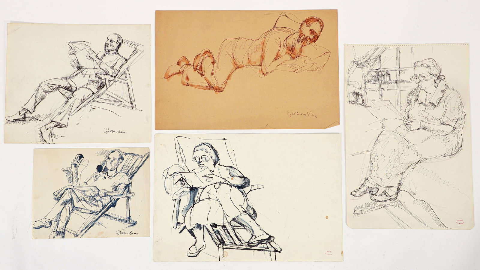 5 pc Enrico Glicenstein Figures Reading Drawings (1 of 5)