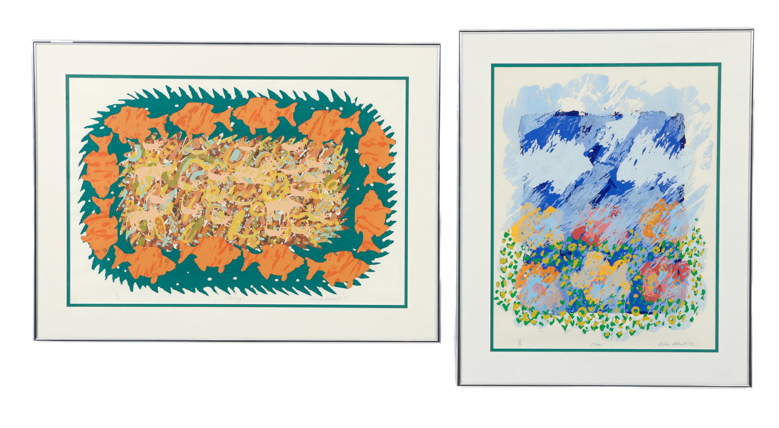 2 Leslie Golomb Serigraphs on Paper 1973, 1974: Golomb, Leslie (American/Pittsburgh, PA, Contemporary) Flow, 1973, serigraph on paper, editioned 5/6, signed, and dated in pencil along lower edge. Sight 20 x 16.5 inches, matted, behind glass, and in