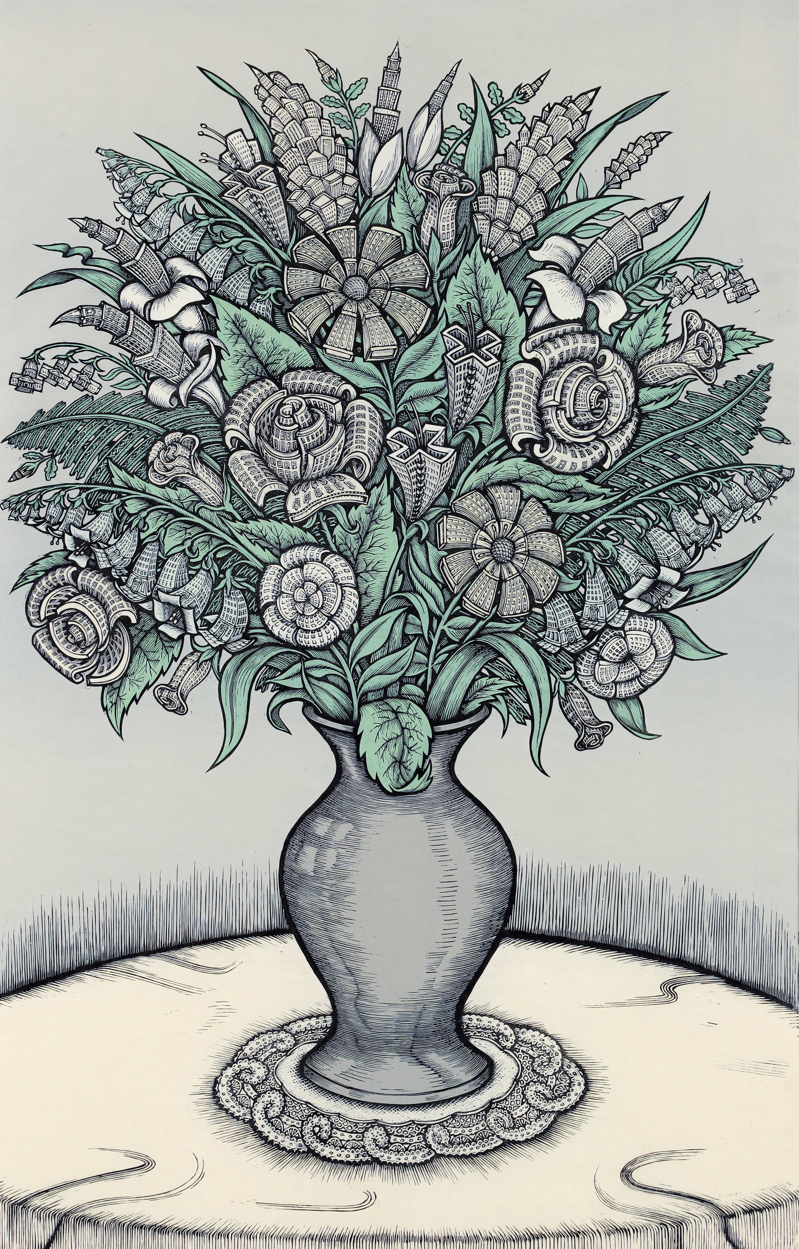 James Grashow City Bouquet Signed Linocut 1989
