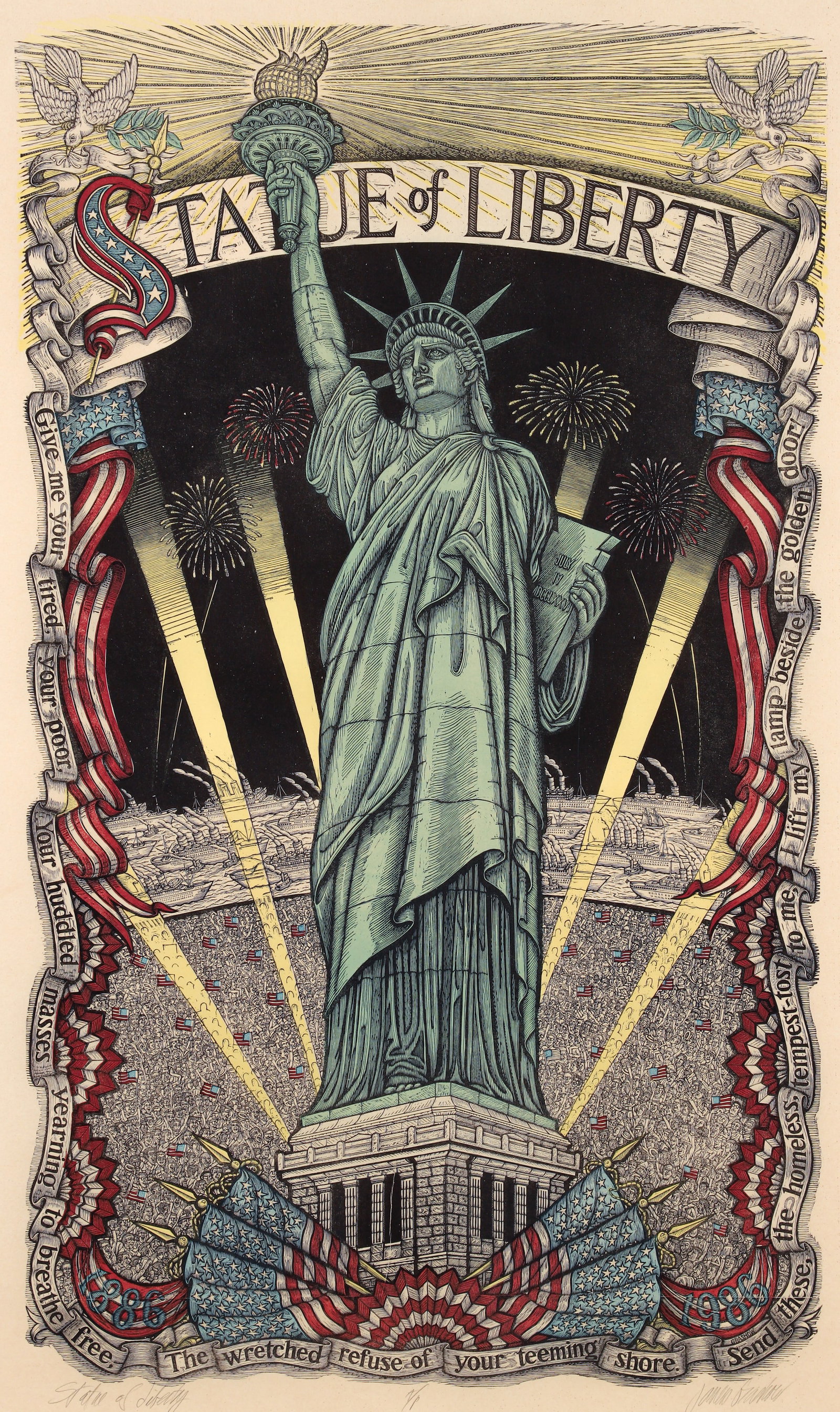 James Grashow Statue of Liberty Signed Woodcut 1986: Grashow, James Bruce (American 1942-2025), Statue of Liberty, 1986, woodcut, signed, titled, and marked Artist's Proof in pencil at the lower margin, sight 40.5 x 24.5 inches, framed 49.5 x 33 inches.