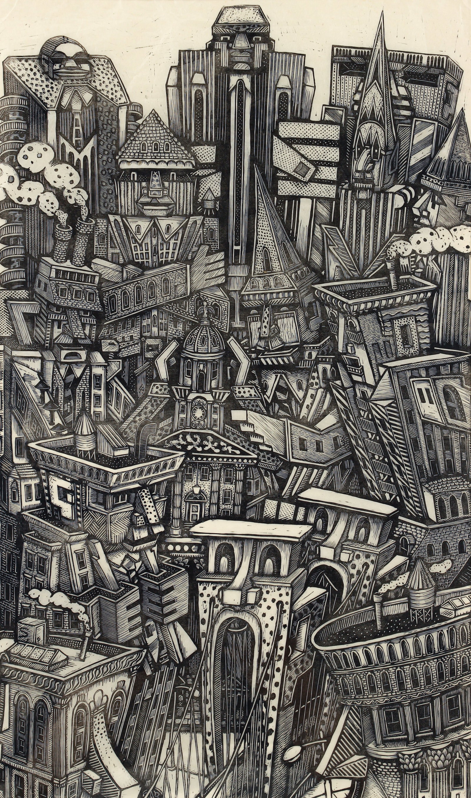 James Grashow 1985 Woodcut A City (1 of 2)