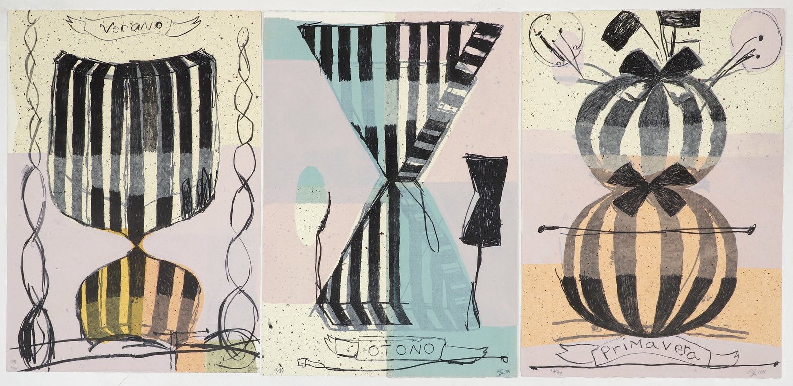 3 Roberto Juarez hand colored orig lithos Verano, Primavera, Otono (1 of 5)