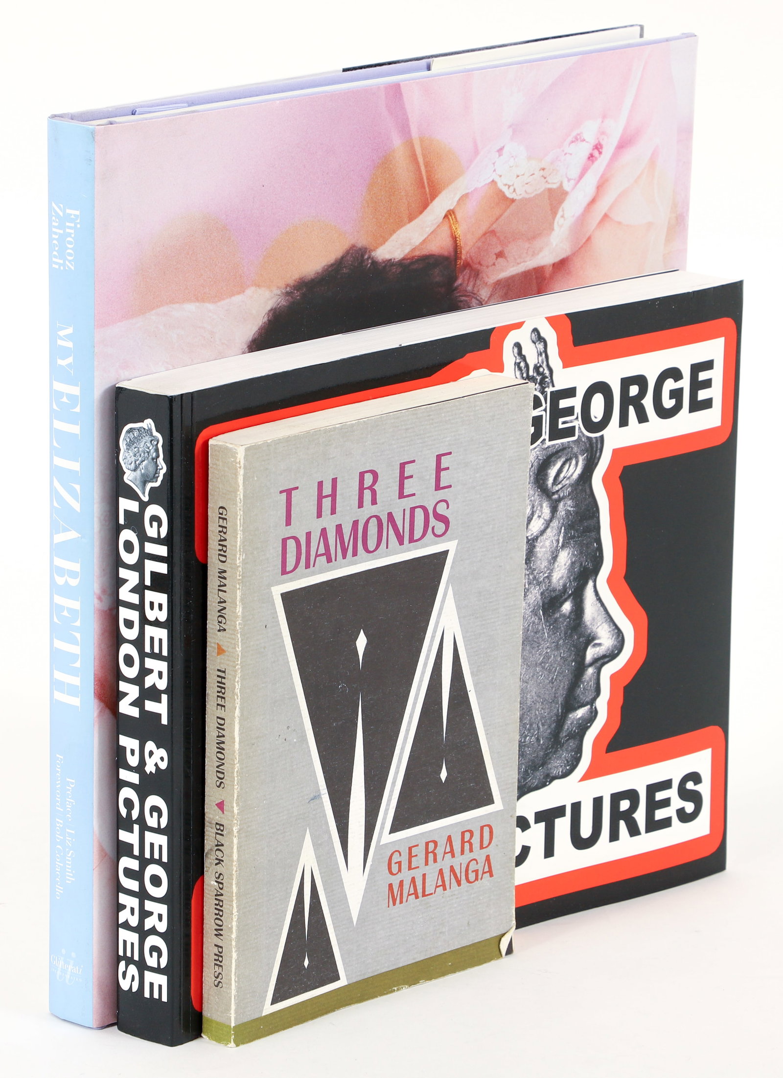 3 Signed books Gerard Malanga, Gilbert and George: 3 Signed books: Gerard Malanga, Three Diamonds, 1991, softcover; Gilbert and George, London Pictures, 2012, softcover; Firooz Zahedi, My Elizabeth Taylor, 2016, hardcover in dust jacket, 13.25 x 12.25