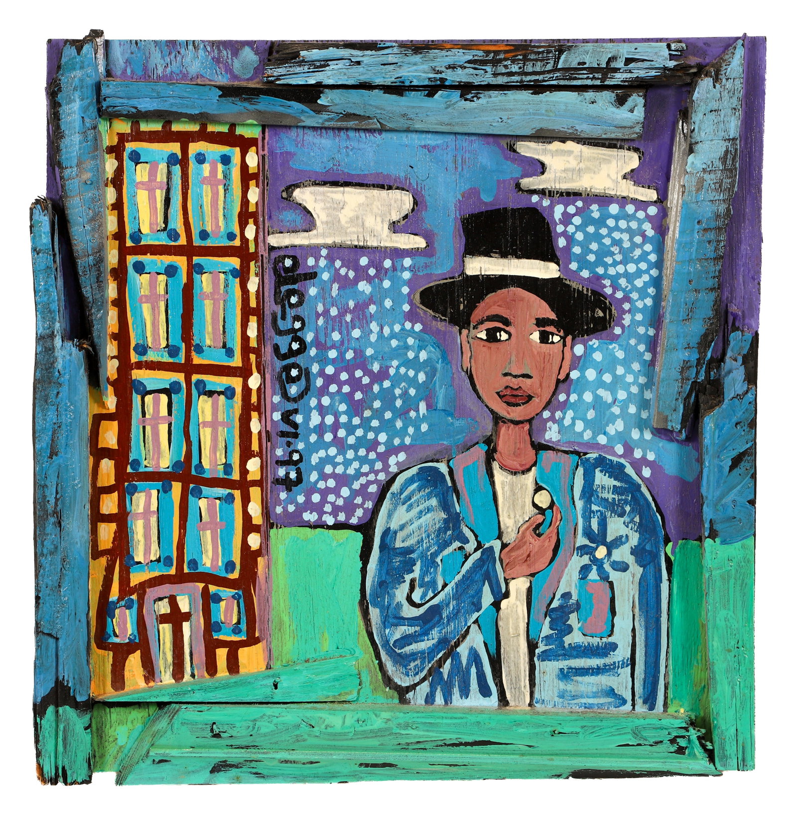Eric Legge Painting on Board Leaving Ohio 1997: Legge, Eric (American, b. 1971), Leaving Ohio, 1997, paint on board, signed and dated at left center, signed again and titled on the verso. 16 x 16 inches. Legge is a self-taught Folk artist living an