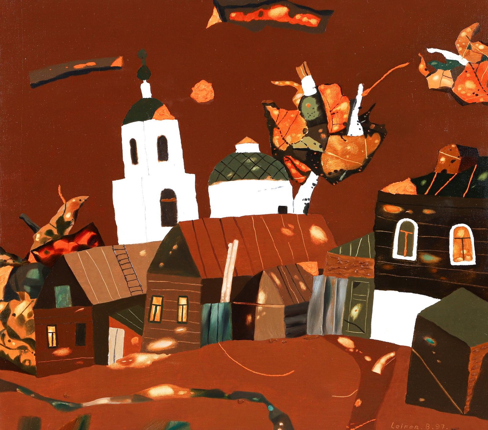 Leifer Acrylic on Canvas Village: Acrylic on canvas depicting a village, use of impasto, signed 'Leifer b. 97'. Canvas 31.25 x 35 inches, floated in a 32.75 x 36.75 inch wooden frame.