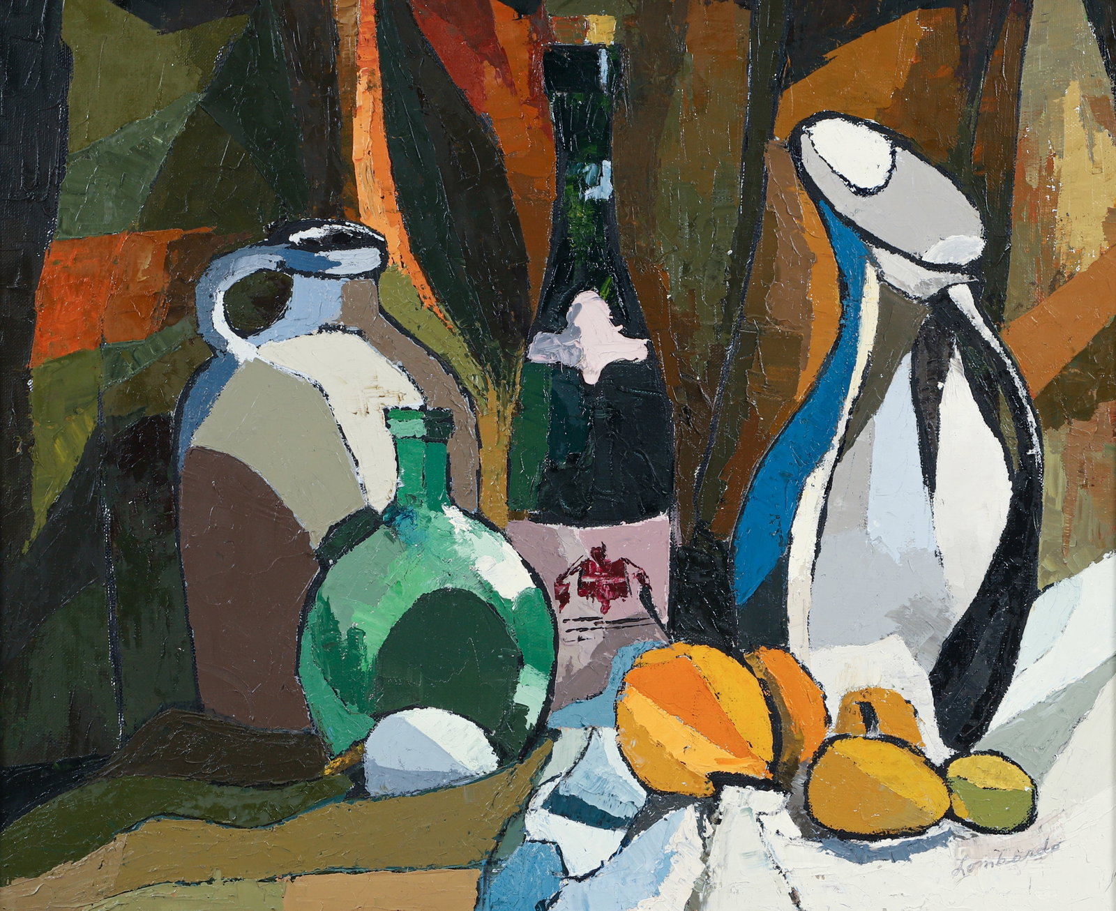 Lombardo MCM Oil on Canvas Still Life 1969: Mid century modern still life signed Lombardo, 1969. Signed at lower right, signed again on the verso, signed yet again and dated in pencil on the stretcher. Canvas 20 x 24, in a 21 x 25.25 inch frame