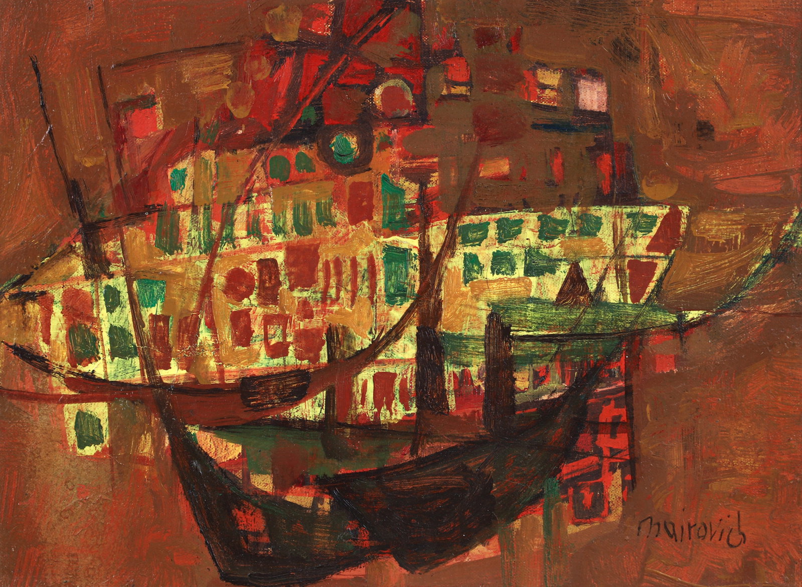 Zvi Mairovich Haifa Harbor Scene Oil on Canvas: Mairovich, Zvi (Polish/Israeli, 1911-1974), South Jerusalem St., Haifa, Israel, c.1960s, oil on canvas, signed lower right, additionally signed and titled on the stretcher bar, 9.5 x 13.25 inches, fra