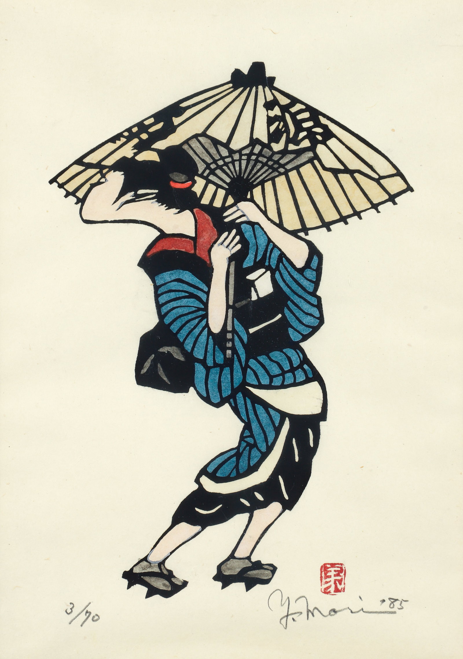 Yoshitoshi Mori Figure with Parasol Signed Woodblock: Mori, Yoshitoshi (Japanese, 1898-1992), Untitled, Figure with Parasol, 1985, woodblock, signed and numbered 3/70 in pencil at the lower margin, sight 12.5 x 9 inches, framed 22.25 x 17.25 inches.