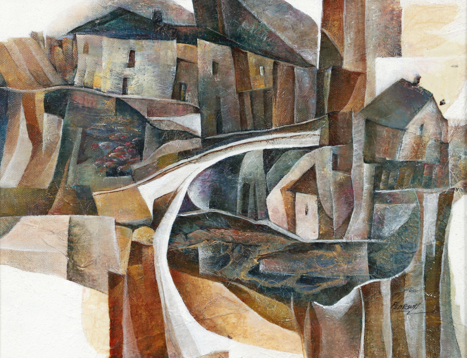 Jill Pearson Contemporary Collage Cubist Landscape: Pearson, Jill (American/Philadelphia, contemporary), Cubist Landscape, mixed media and collage, signed lower right, 10.5 x 13.5 inches, framed 15 x 18 inches. Provenance: Graham Shearing Collection,