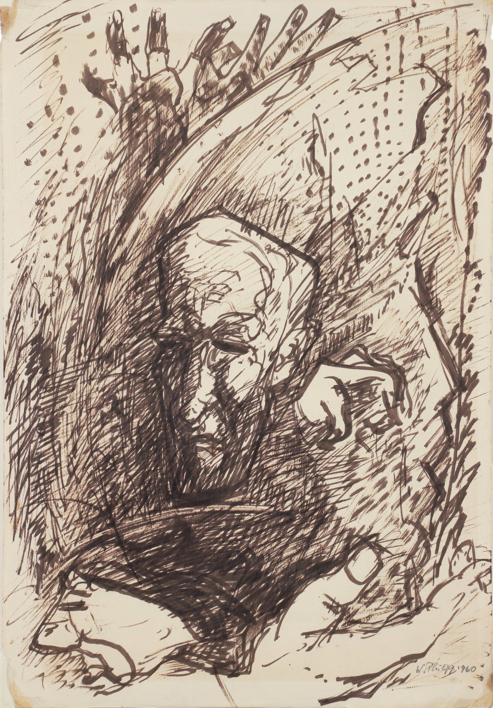 Werner Philipp Abstracted Man Work on Paper 1960: Philipp, Werner (German/American, 1897-1982), Abstracted Man, 1960, ink on paper, signed and dated lower right, sheet size 20 x 13.5 inches, in a metal frame 27 x 22 inches. Born in Breslau, Germany,