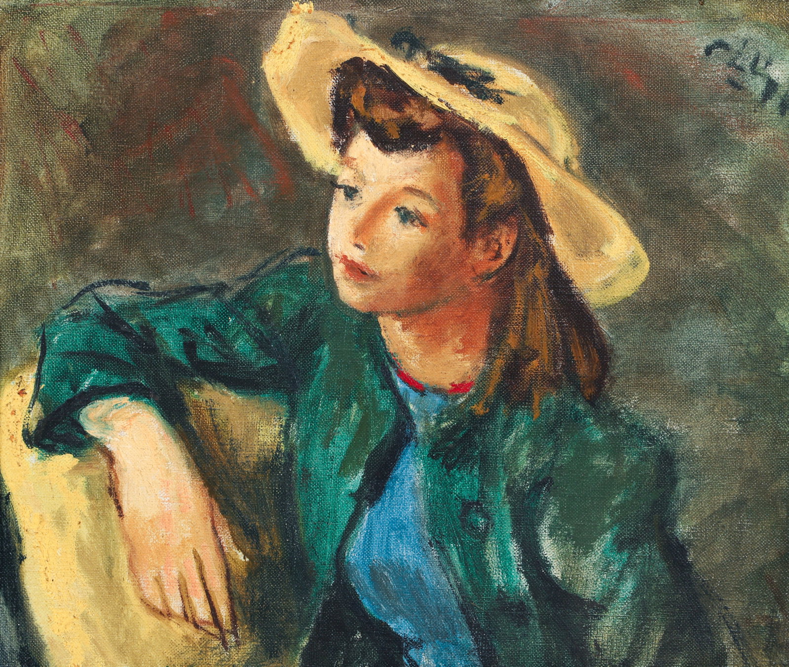 Robert Phillips Oil on Canvas Girl in Yellow Hat: Phillips, Robert (American, b. 1946) Girl in Yellow Hat, 20th century, oil on canvas, signed at upper right. Canvas 11.25 x 13.25 inches, in a 17.5 x 19.75 inch wooden gilt frame with floral and