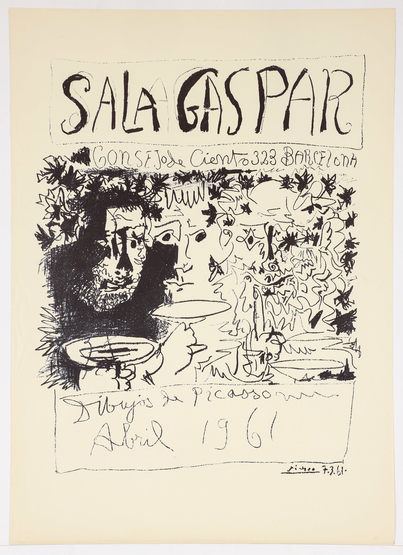 Pablo Picasso Dibujos 1961 Barcelona Exhibition Litho Poster: Picasso, Pablo (Spanish, 1881-1973), Dibujos de Picasso exhibition poster for Sala Gaspar, Barcelona, 1961, lithograph, edition of 500, image size approx. 28 x 22.5 inches, sheet size 35.5 x 25.75 inc