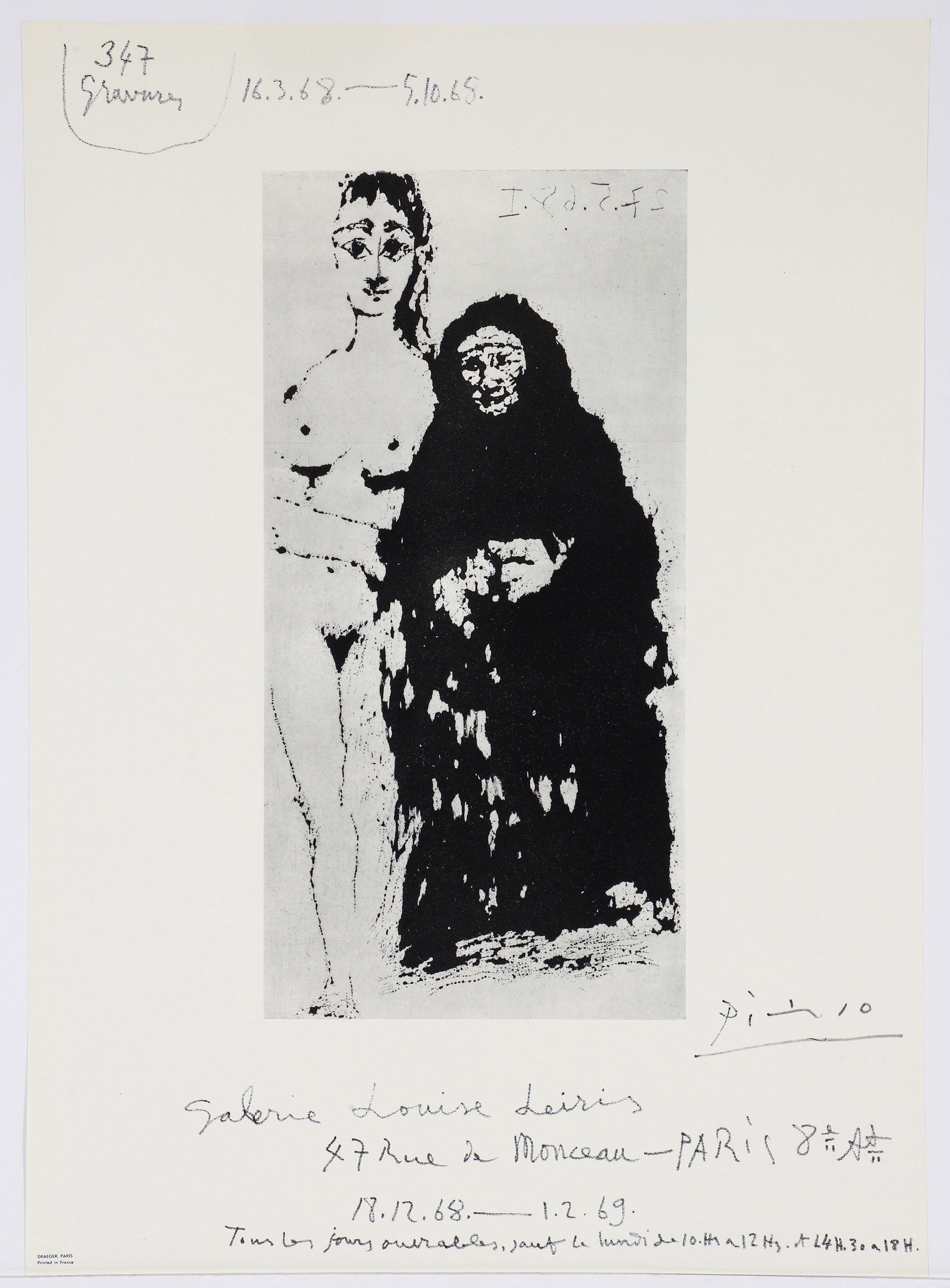 Pablo Picasso 347 Gravures 1968 Paris Exhibition Poster: Picasso, Pablo after (Spanish, 1881-1973), 347 Gravures exhibition poster for Galerie Louise Leiris, Paris, 1968-69, offset lithograph, signed in the plate lower right, edition of 1250, printed by