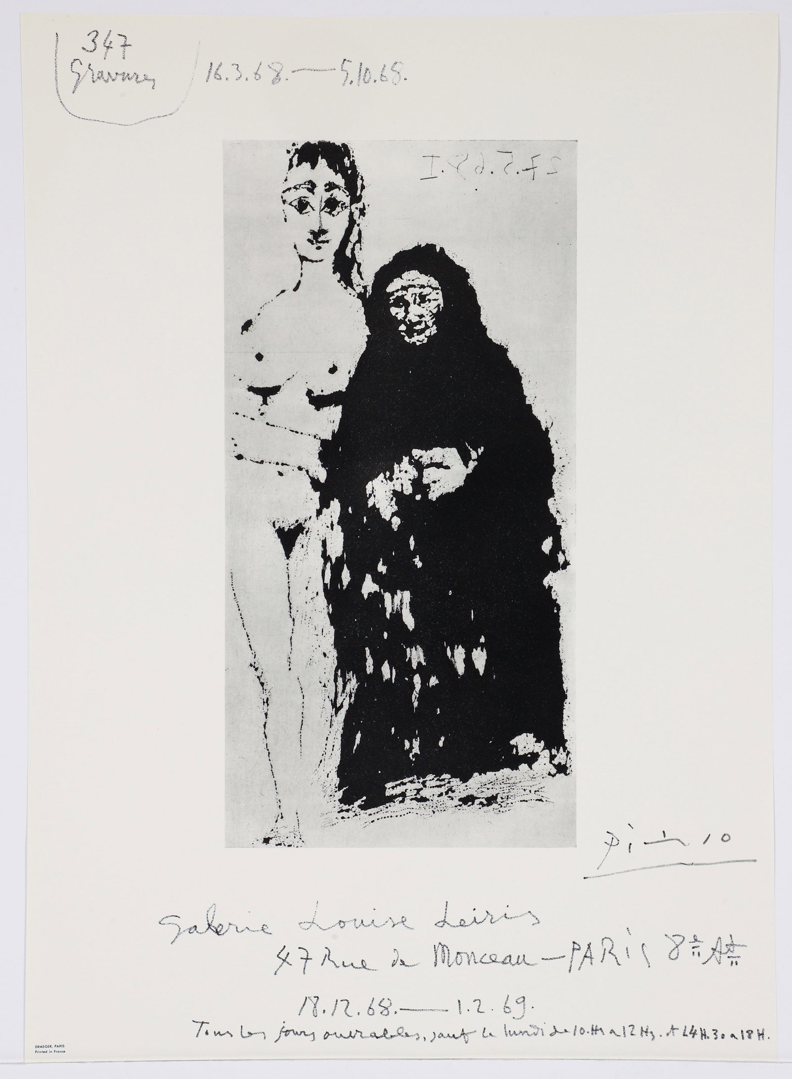 Pablo Picasso 347 Gravures 1968 Paris Exhibition Poster: Picasso, Pablo after (Spanish, 1881-1973), 347 Gravures exhibition poster for Galerie Louise Leiris, Paris, 1968-69, offset lithograph, signed in the plate lower right, edition of 1250, printed by
