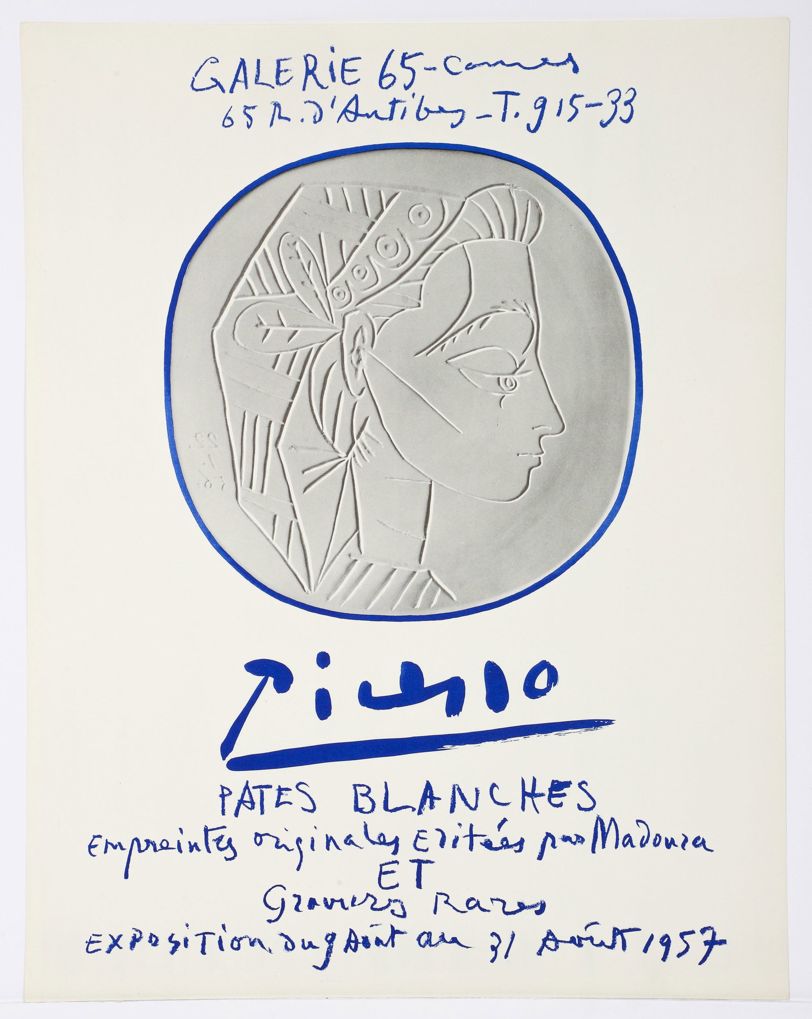 Pablo Picasso Pates Blaches 1957 Cannes Exhibition Poster: Picasso, Pablo after (Spanish, 1881-1973), Pates Blaches exhibition poster for Galerie 65, Cannes, 1957, offset lithograph, edition of 500, sheet size 22.75 x 17.75.