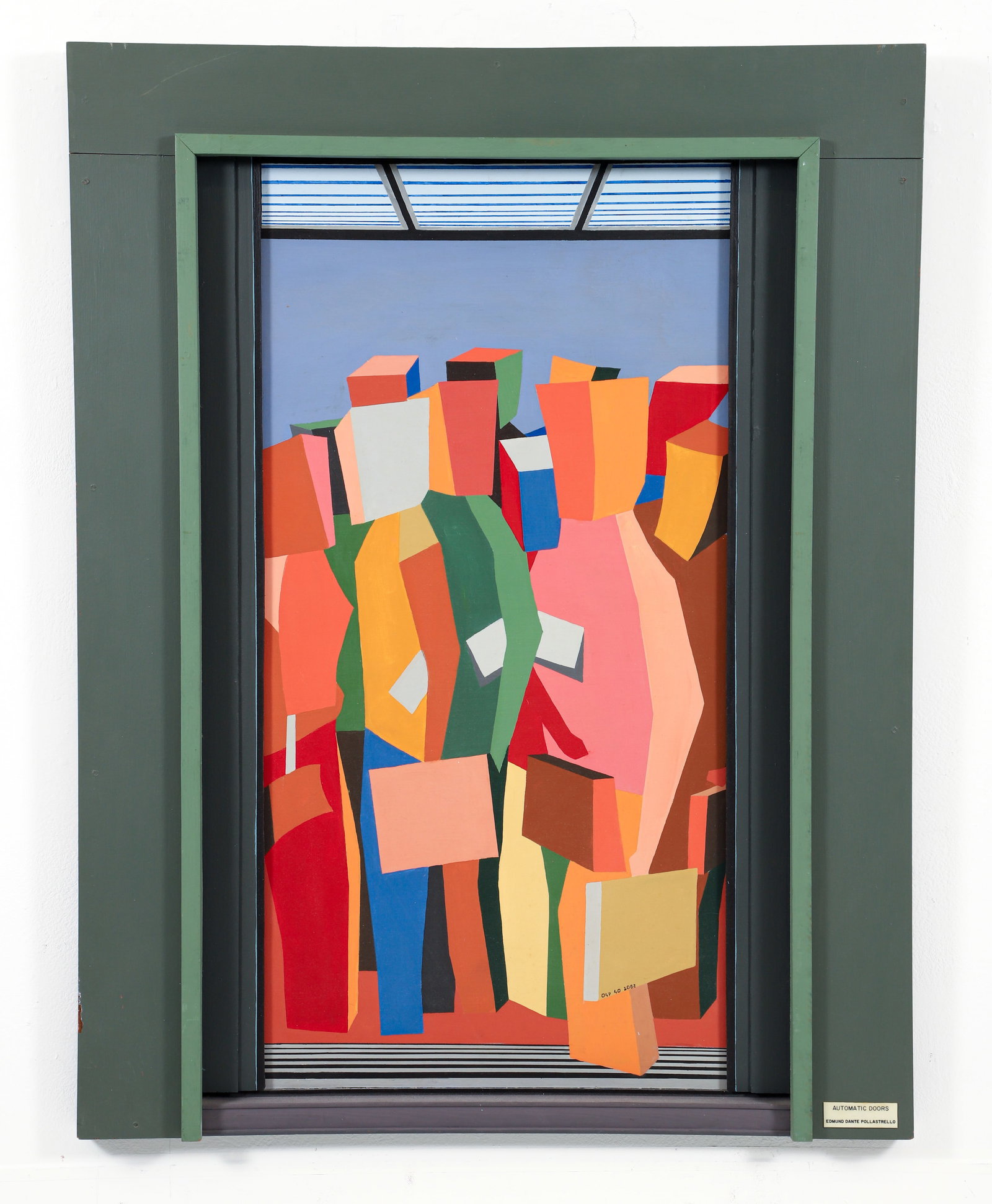 Edmund Pollastrello cubist figural painting Automatic Doors: Pollastrello, Edmund Dante (20th Century American School/Detroit), Automatic Doors, 1972, acrylic on canvas and wood frame, 44 x 34 x 2 inches, signed in alpha numeric code but with an attached