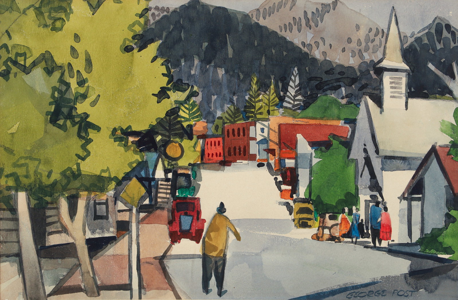 George Post Main Street California Watercolor from Ford Times: Post, George Booth (American, 1906-1997), Main Street, Weaverville, California, c.1940s or 1950s, watercolor, signed lower right, 13.5 x 20.5 inches, matted and framed 21 x 28 inches. Notes on the