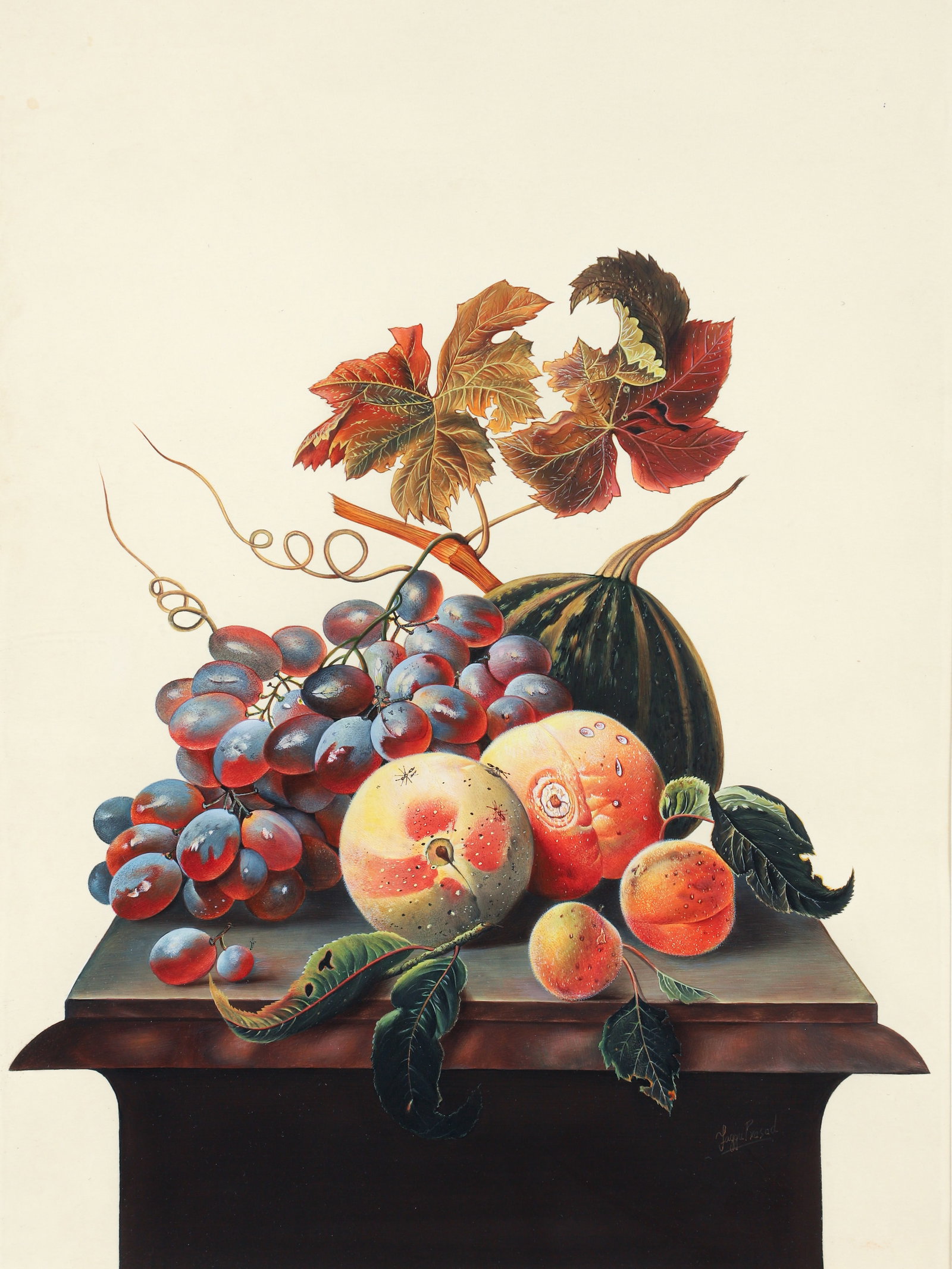 Jaggu Prasad Still Life with Peaches Grapes and Melon Gouache: Prasad, Jaggu (Indian, Born 1963), Still Life with Peaches, Grapes, and Melons, undated, gouache, signed lower right corner, sight 14 x 11 inches, matted and framed 25.5 x 19.5 inches.