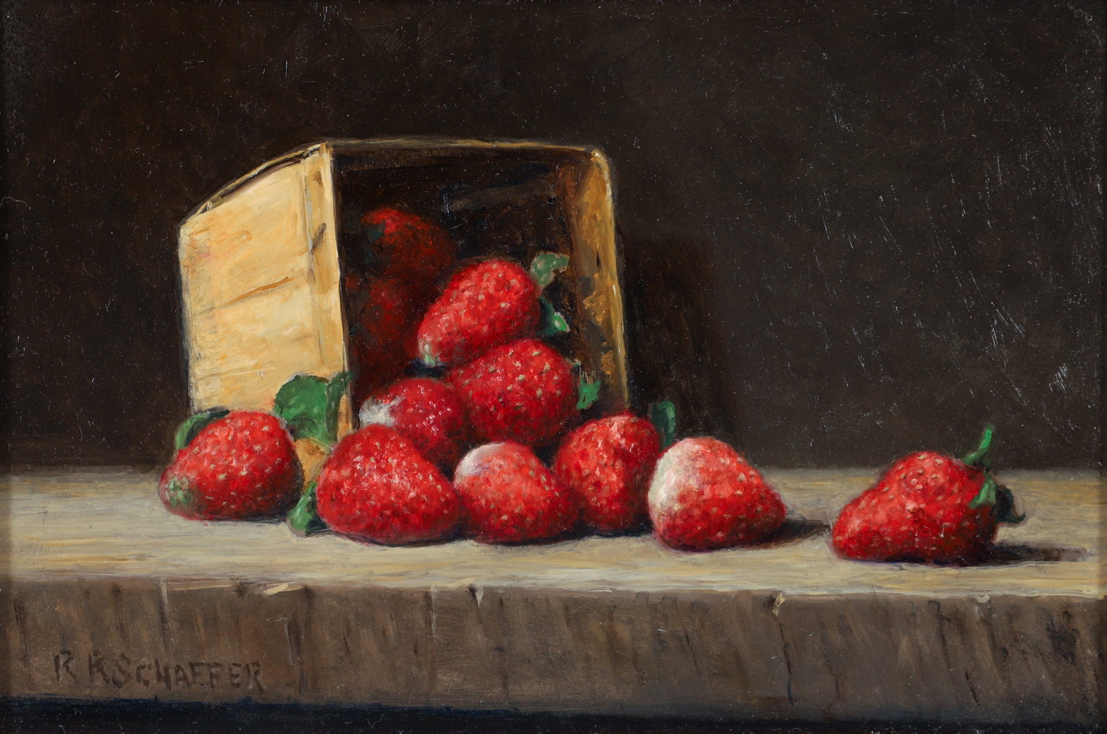 Ron Schaefer Still Life with Strawberries Oil on Board: Schaefer, Ron (American/Western PA, b.1944), Still Life with Strawberries, undated, oil on board, signed lower left, 7.5 x 11 inches, framed 13.5 x 17 inches. Provenance: The personal collection of