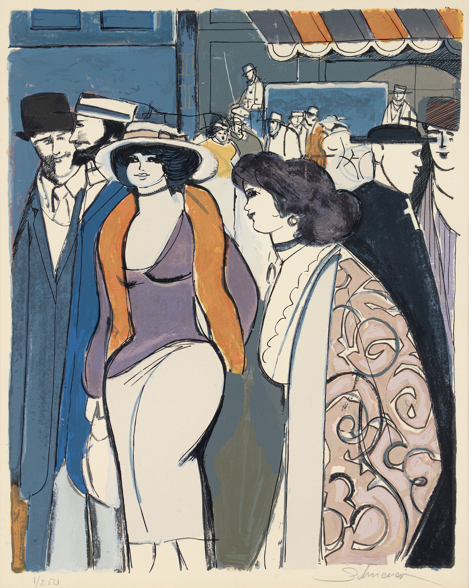 David Schneuer Signed Color Lithograph Parisian Crowd (1 of 3)