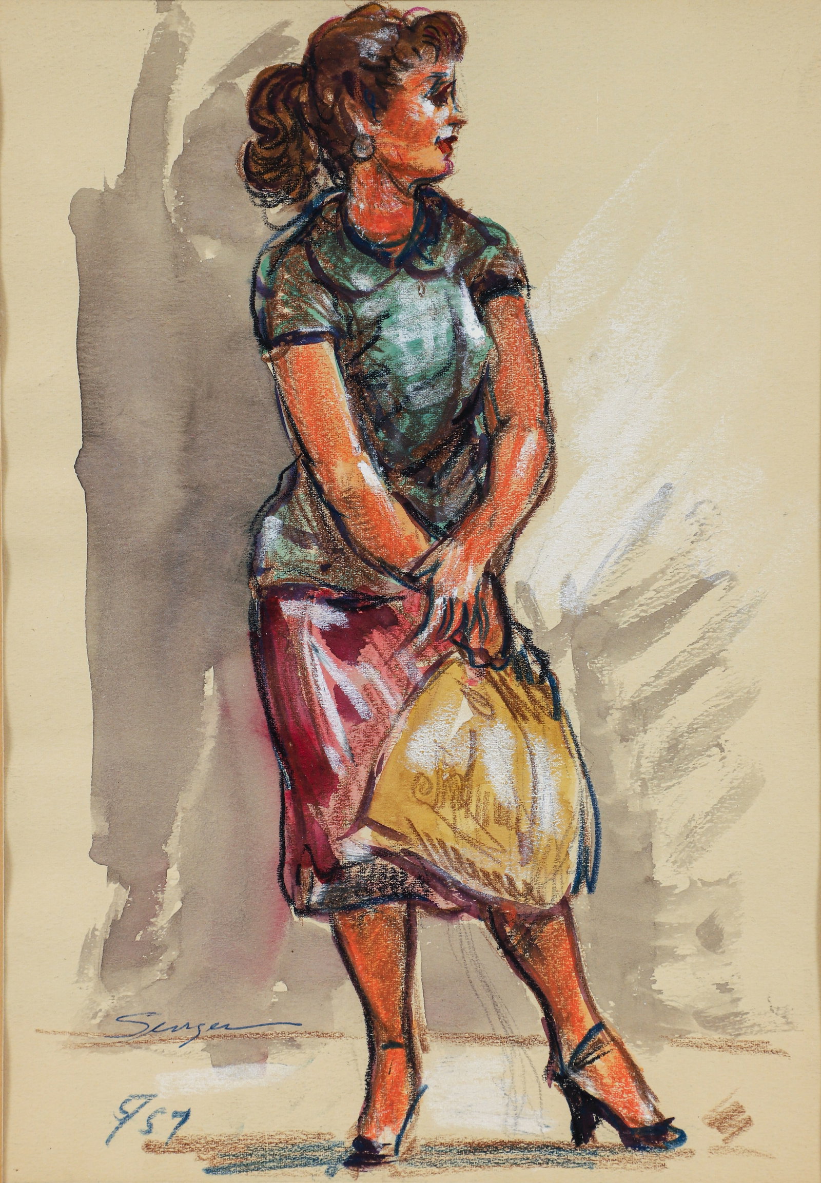 Clyde Singer 1957 Work on Paper Woman with Shopping Bag: Singer, Clyde J. (American/Ohio, 1908-1999), Woman Standing Holding a Shopping Bag, 1957, watercolor and mixed media on cream paper, signed and dated lower left, 10 x 6.75 inches, in a burl wood frame