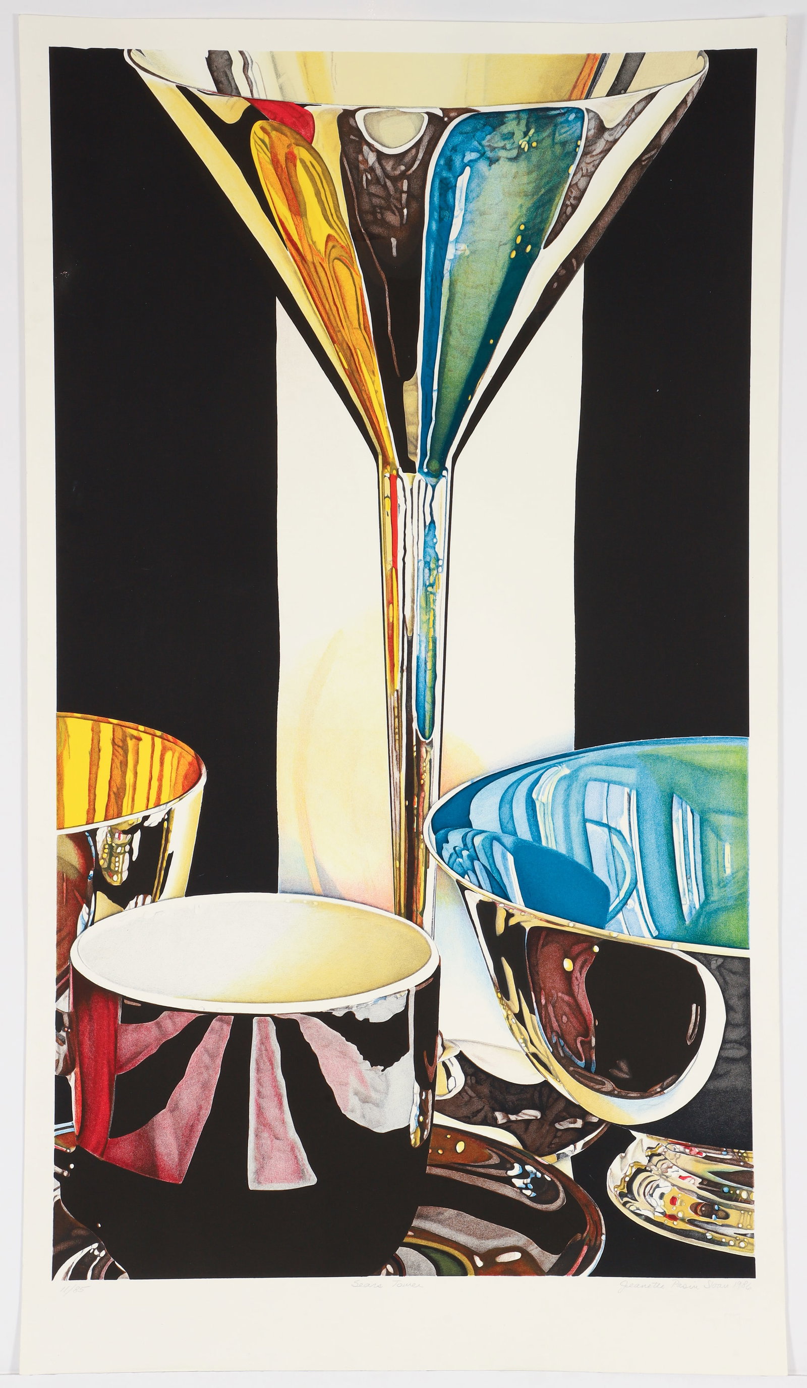Jeanette Pasin Sloan 1986 screenprint Sears Tower: Sloan, Jeanette Pasin (American, born 1946), Sears Tower, 1986, lithograph printed in colors, 42 x 24 inches, sheet size 46 x 26 inches, pencil signed and numbered 11/85, unframed