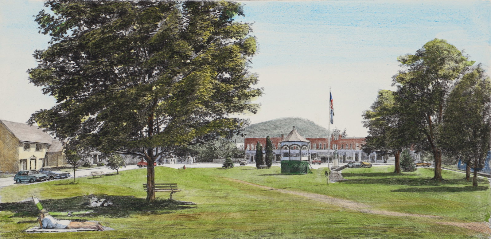 Altoon Sultan drypoint etching Village Green, South Royalton, Vermont: Sultan, Altoon (American, born 1948), Village Green, South Royalton, Vermont , 1987, drypoint etching with hand coloring, 7 x 14 inches image size, 16 x 23 inches, sheet size, unframed