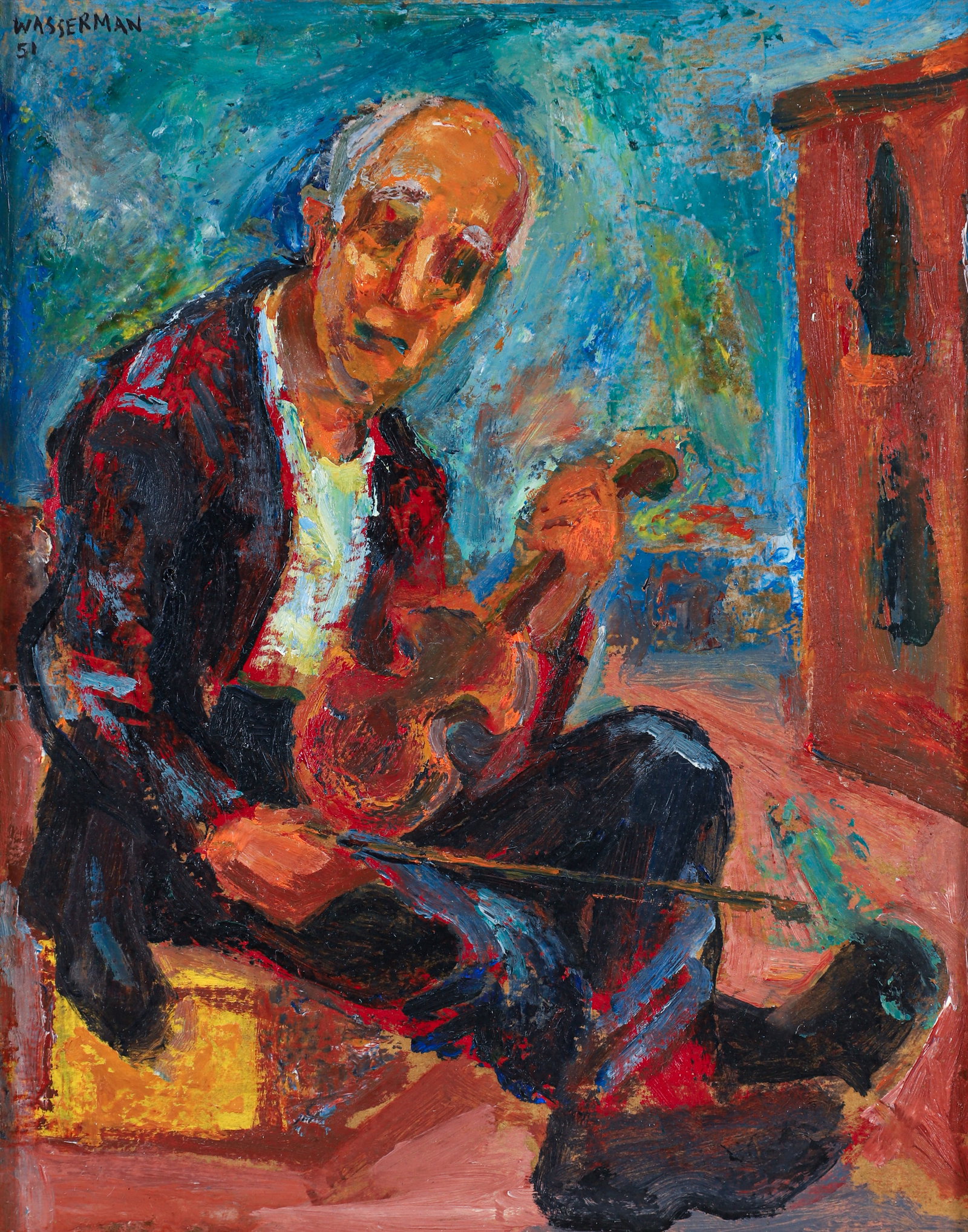 Gerald Wasserman The Old Fiddler Oil on Board: Wasserman, Gerald (American/Carmel, California, 1920-2011) The Old Fiddler, 1951, oil on board, signed and dated at upper right. Board 10 x 8 inches, lined and in a 16.25 x 14.25 inch gilt wooden fram