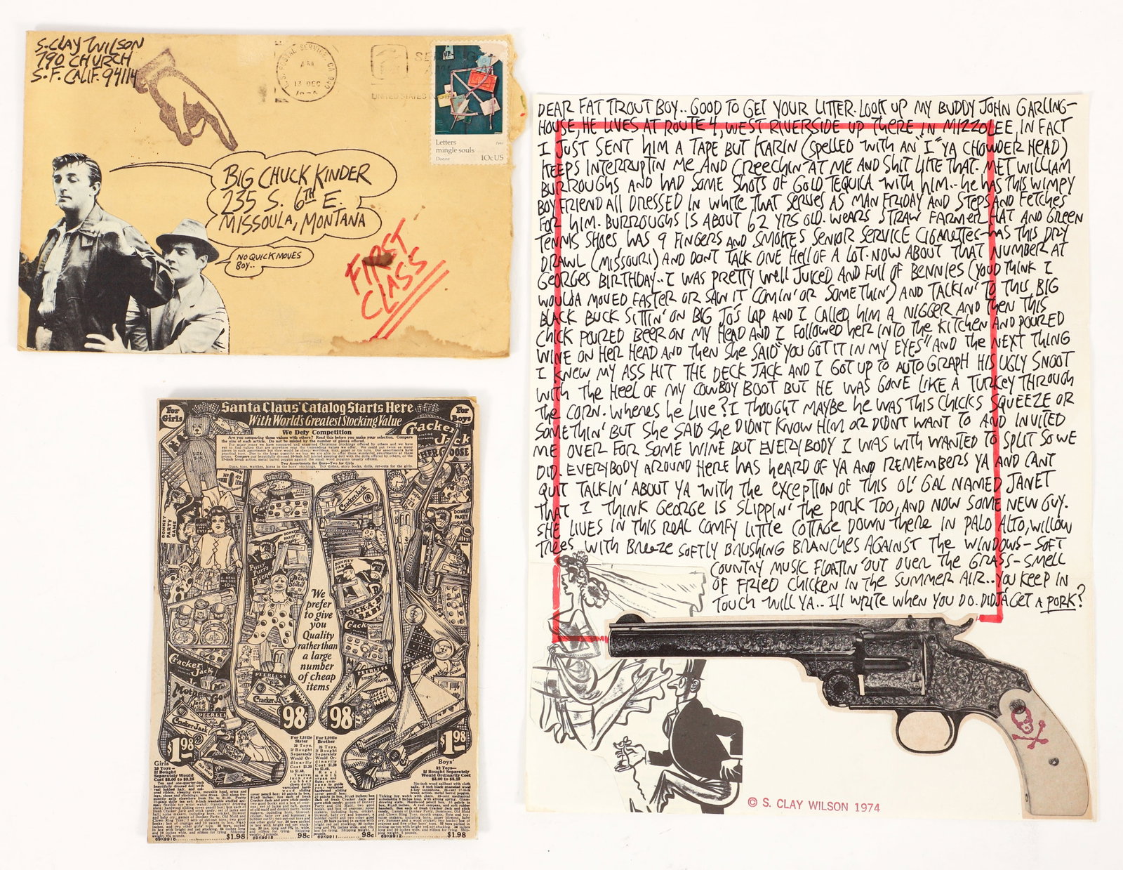 S. Clay Wilson Mail Art and Collage sent to Chuck Kinder: Wilson, S. Clay (American, 1941-2021), 2 pieces of Mail Art and 1 Collage: the collage dated 1974, lengthy handwritten letter to Fat Trout Boy (aka, the writer Chuck Kinder), sheet size 11 x 8.5 inche