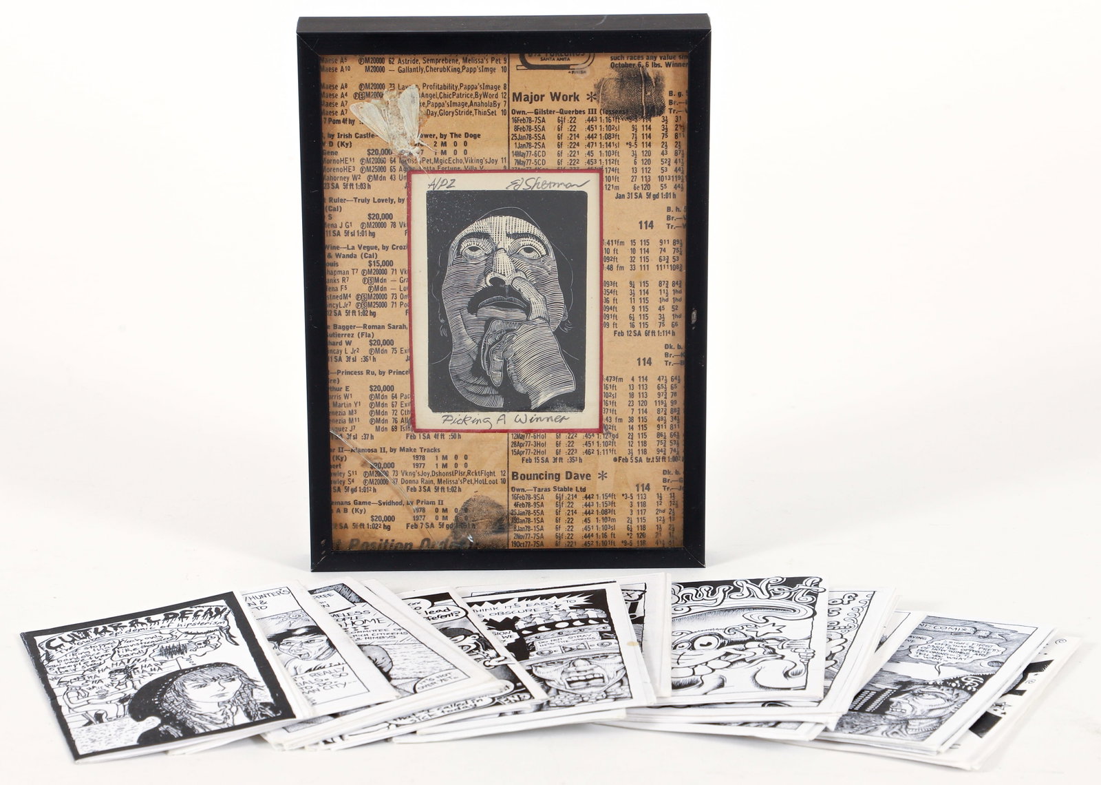 Ed Sherman Picking a Winner Original Block Print: Sherman, Ed (Unknown), Picking a Winner, undated, block print, signed, titled and marker A/P 2 in pencil, 2.75 x 2 inches, in a 7 x 5 inch metal frame with horse race form mat and decaying moth. Prove