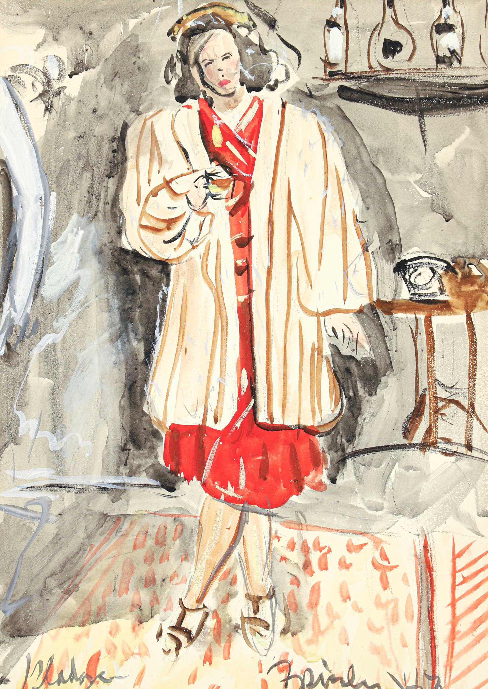 Zsissly 1947 painting on paper Standing Woman: Albright, Malvin Marr (Zsissly) (American 1897-1983), Standing Woman, 1947, gouache and watercolor, 19.5 x 13.5 inches, signed and dated lower right, framed measuring 27 x 21 inches. Provenance: The p